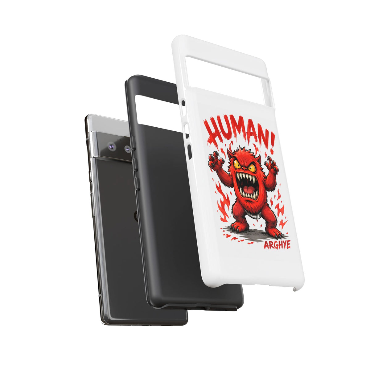 Angry Monster "HUMAN!" Phone Case — Cute Fiery Creature iPhone Cover