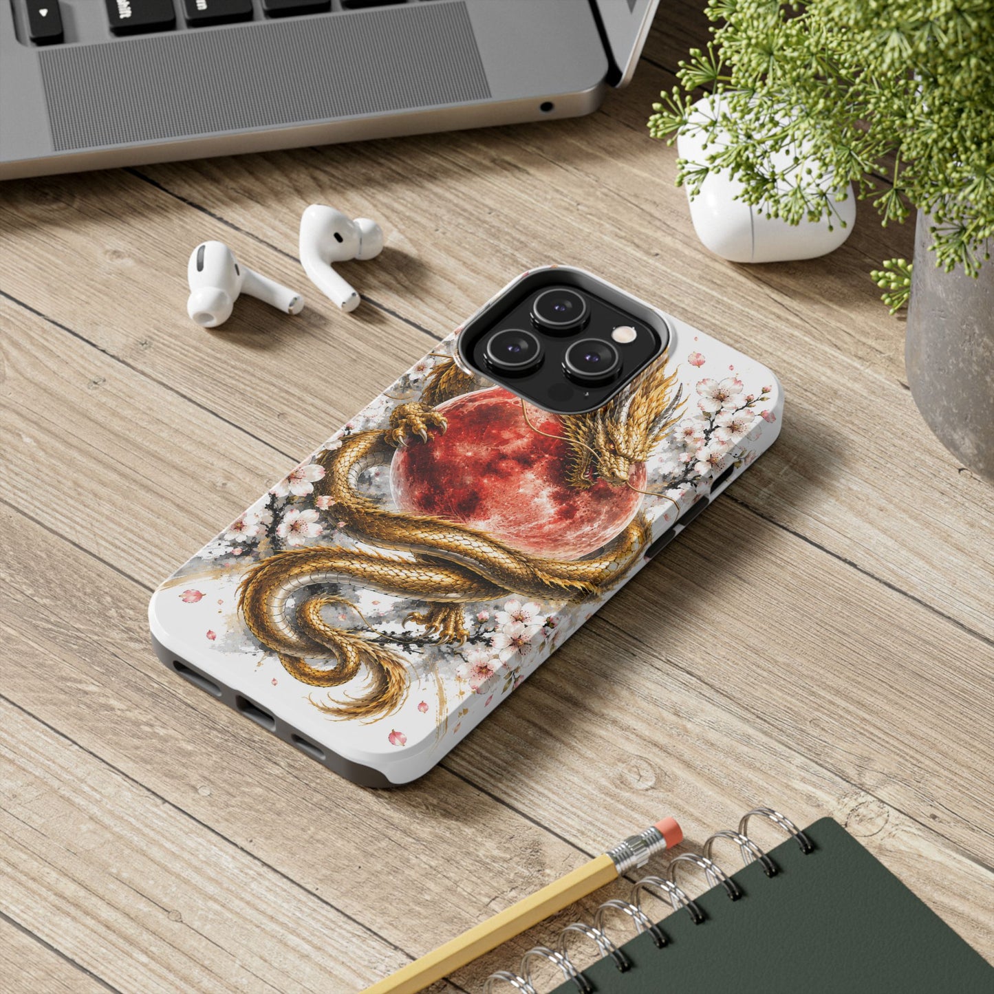 Golden Dragon Phone Case — Red Moon & Cherry Blossom Tough Phone Case
