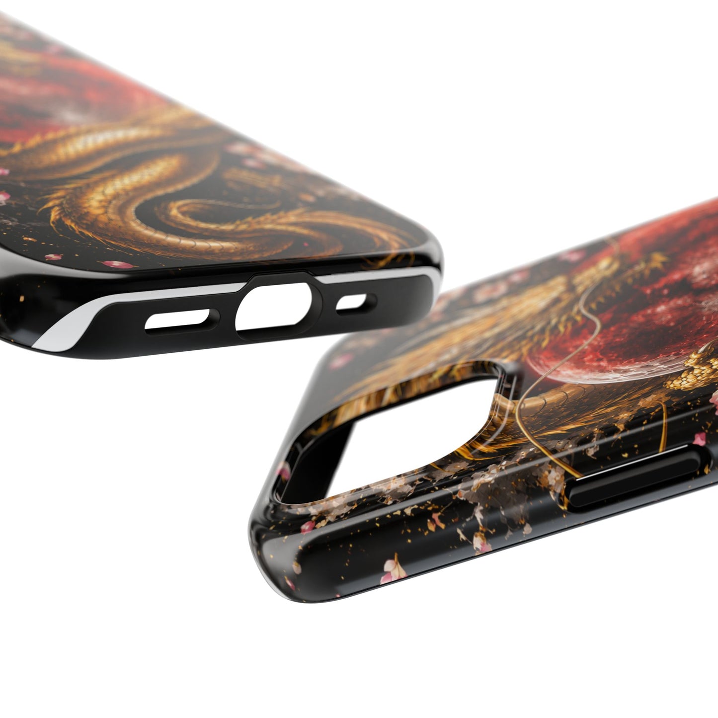 Golden Dragon Moon Tough Phone Case — Cherry Blossoms & Red Moon Protective Cover