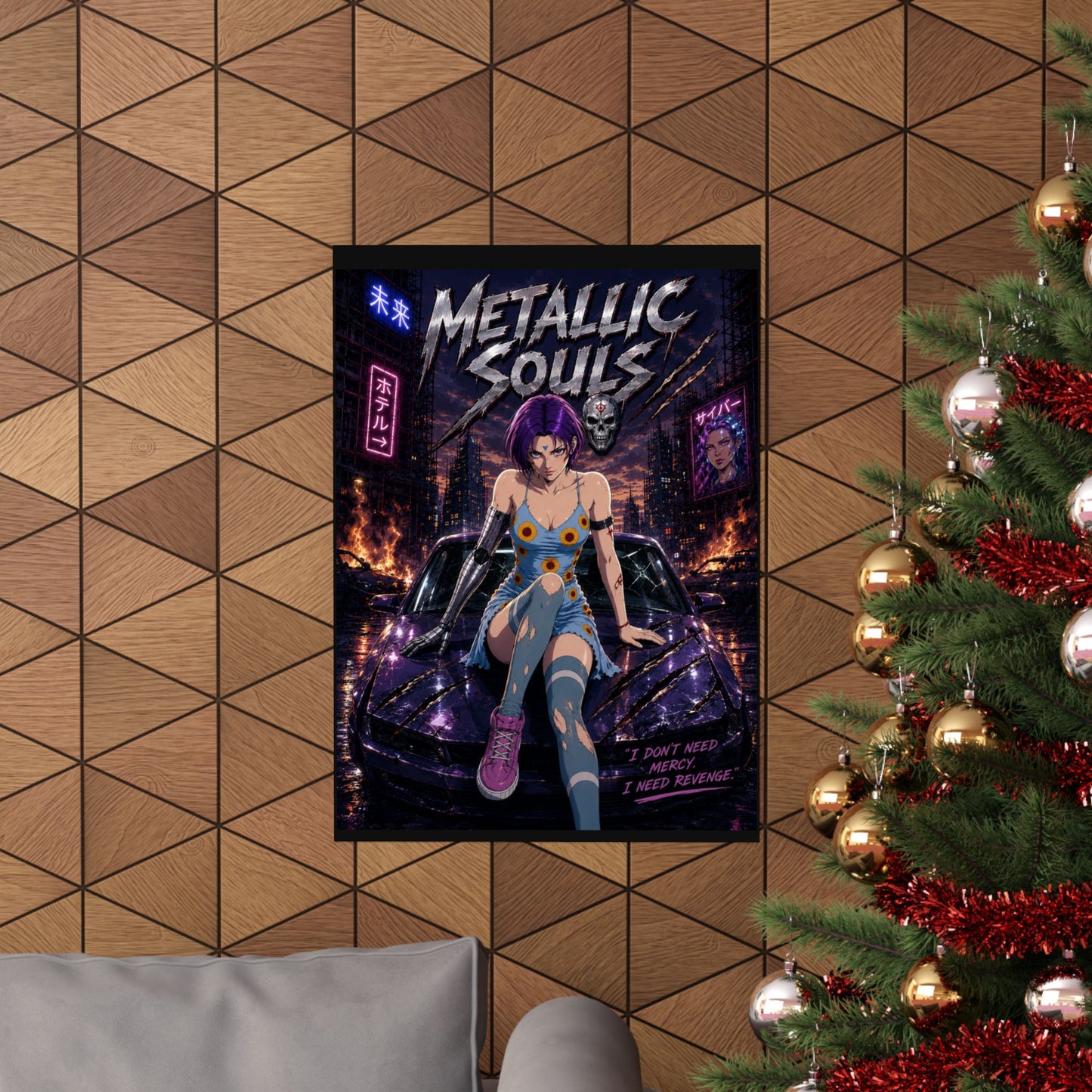 Metallic Souls Anime Poster — Cyberpunk Car Girl Matte Vertical Print
