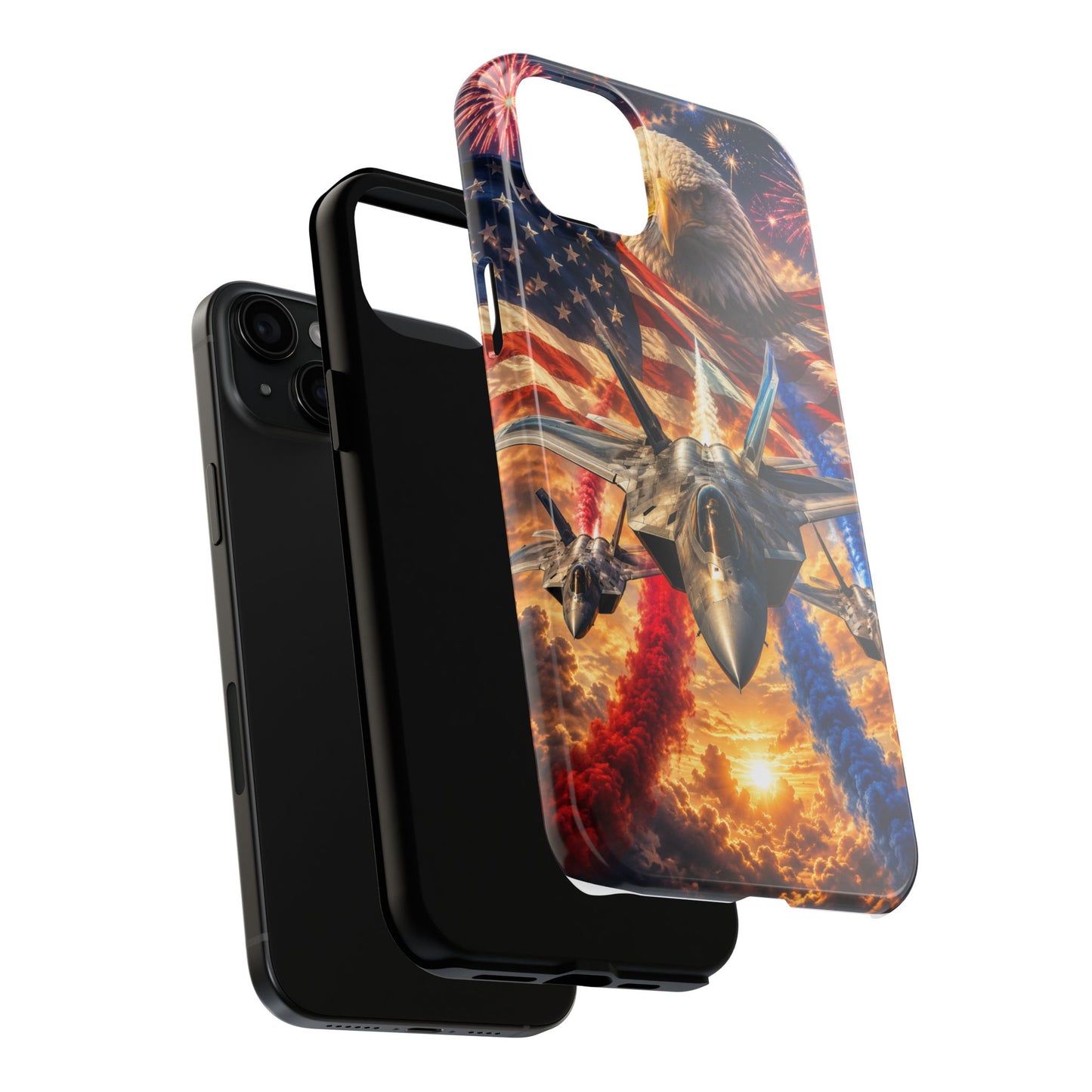 Patriotic Fighter Jet Phone Case with Eagle, American Flag & Fireworks Design