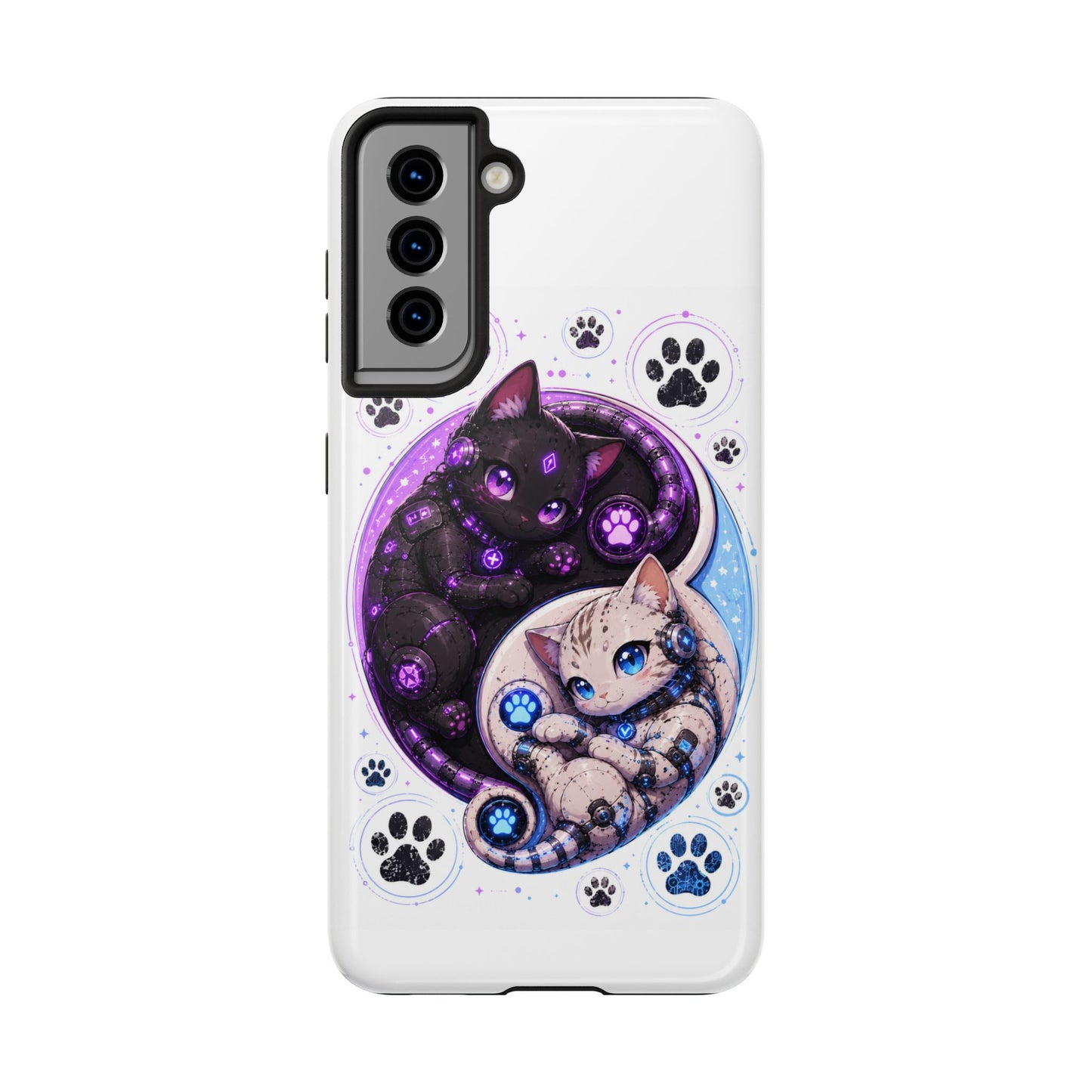 Cat Yin Yang Tough Phone Case — Black & White Kittens, Paw Print Protective Cover