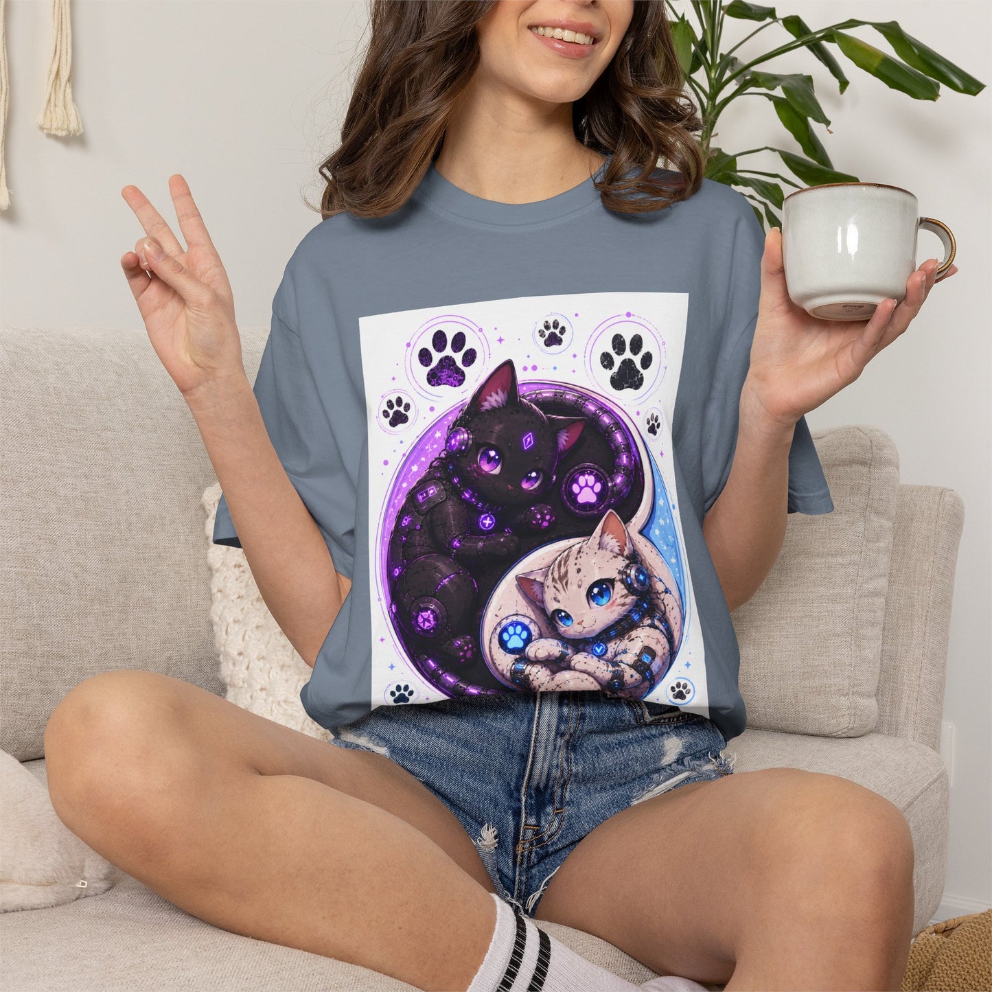Yin Yang Cat T-Shirt — Cosmic Black & White Kittens Paw Print Tee