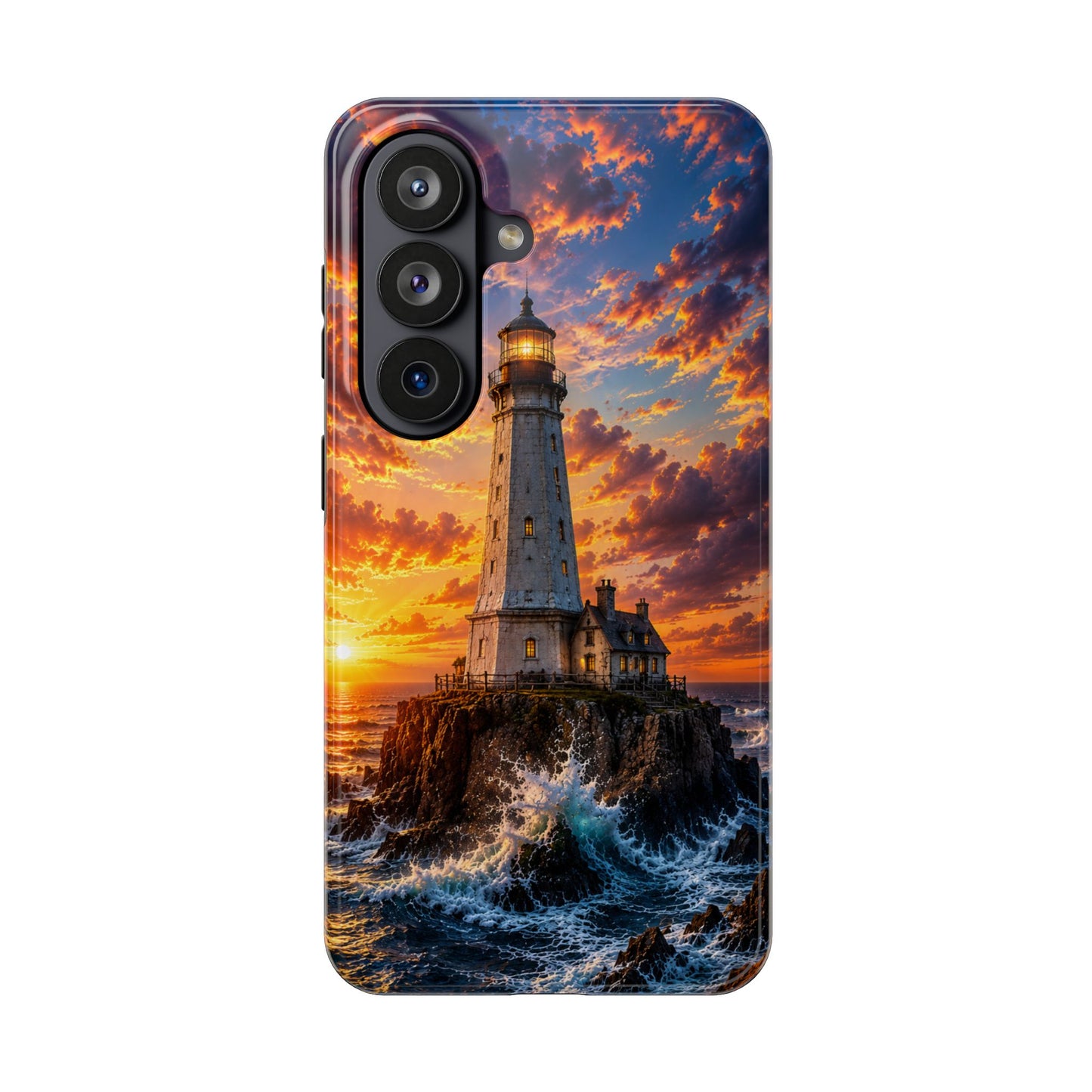 Lighthouse Sunset Tough Phone Case — Durable Coastal Ocean Wave Protection