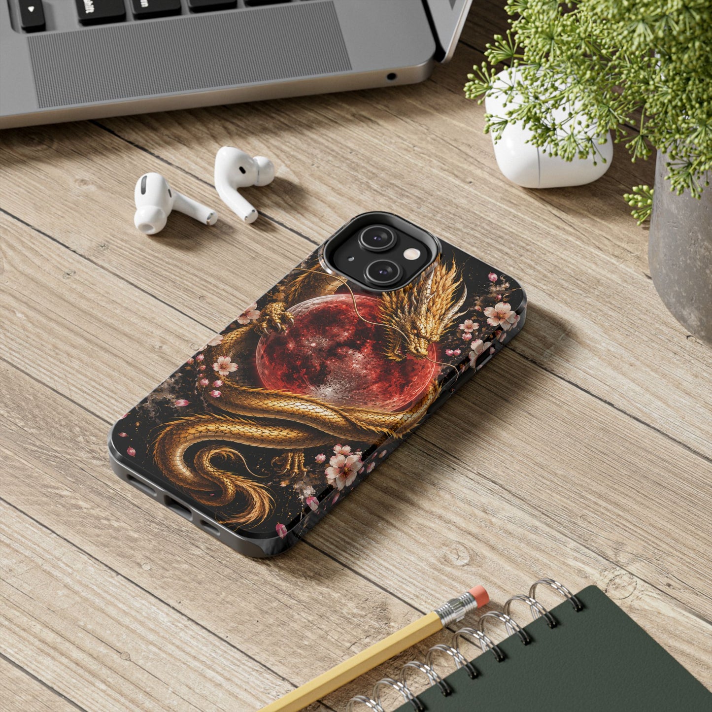 Golden Dragon Moon Tough Phone Case — Cherry Blossoms & Red Moon Protective Cover