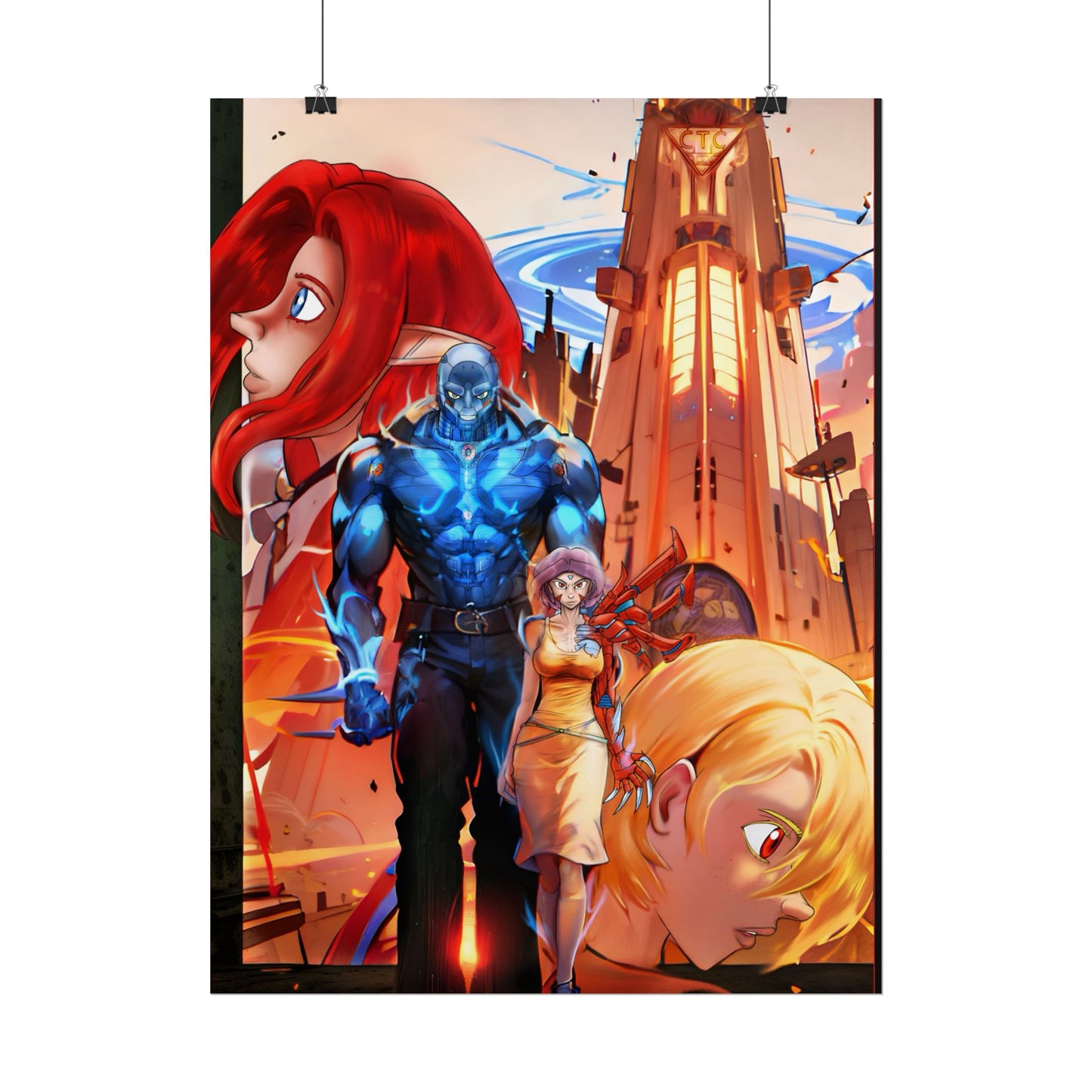 Anime Sci‑Fi Poster — Heroic Crew Tower Art Print (Rolled)