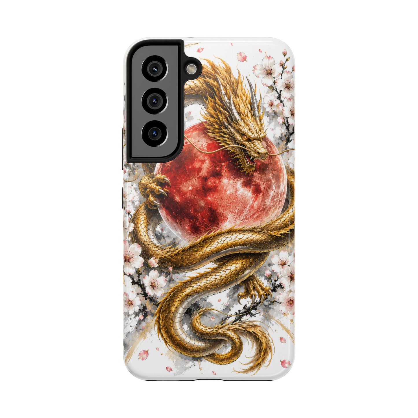 Golden Dragon Phone Case — Red Moon & Cherry Blossom Tough Phone Case