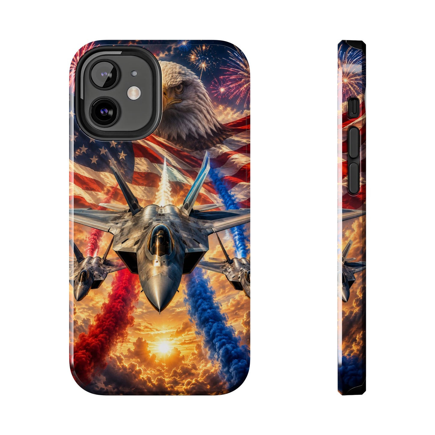 Patriotic Fighter Jet Phone Case with Eagle, American Flag & Fireworks Design