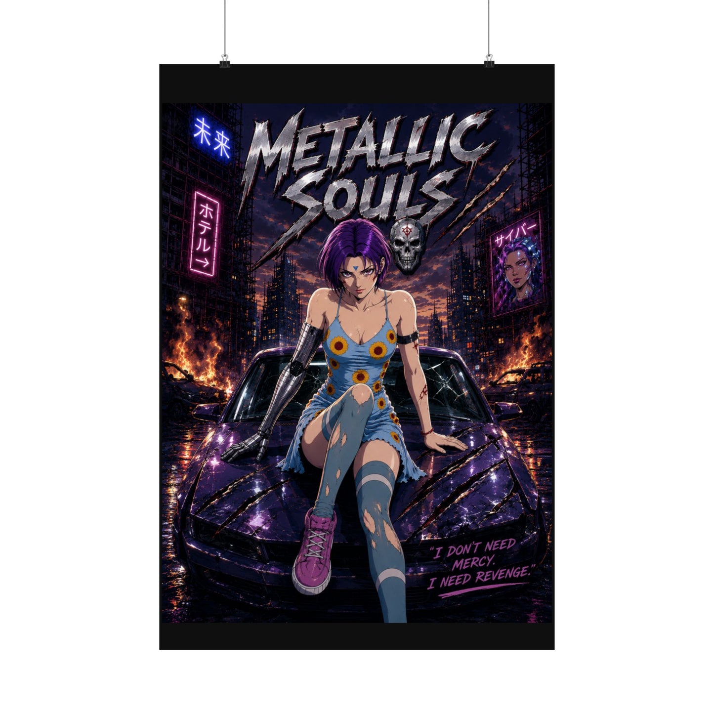 Metallic Souls Anime Poster — Cyberpunk Car Girl Matte Vertical Print
