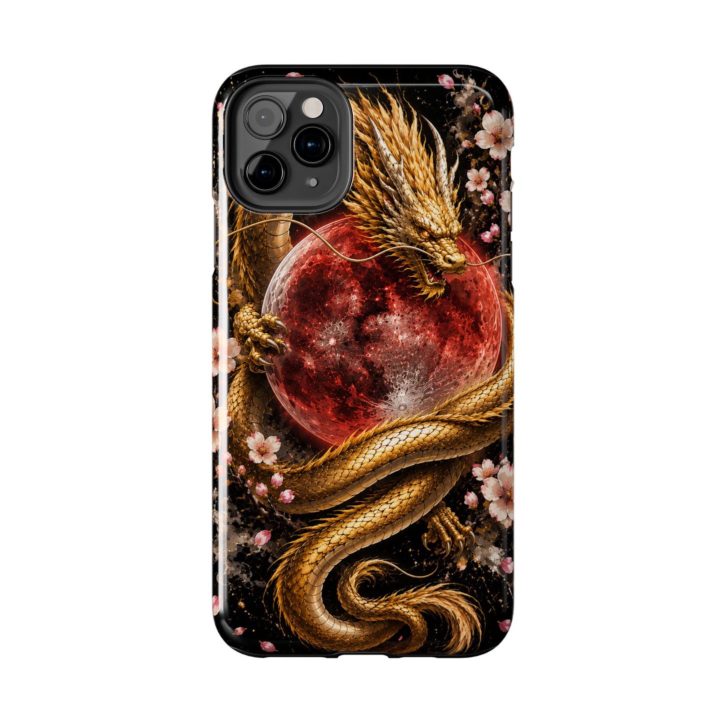 Golden Dragon Moon Tough Phone Case — Cherry Blossoms & Red Moon Protective Cover