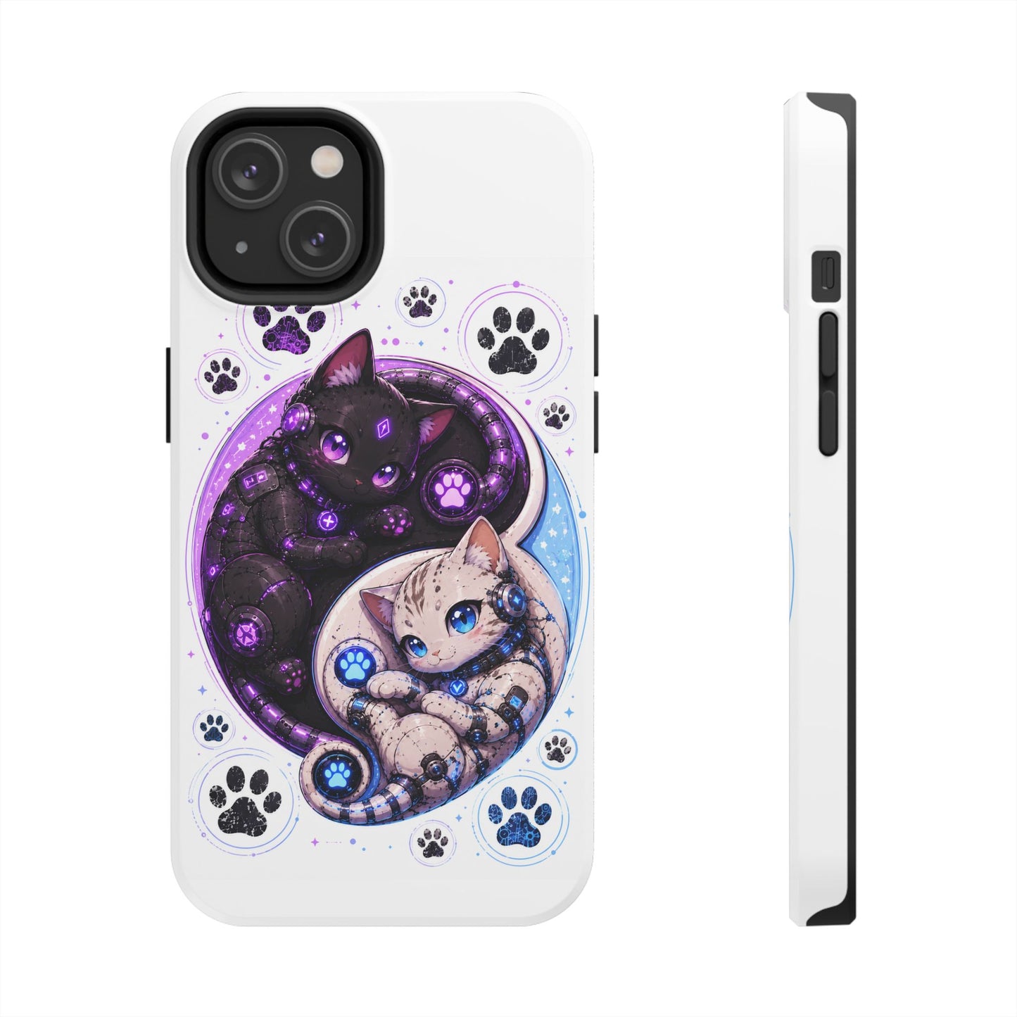 Cat Yin Yang Tough Phone Case — Black & White Kittens, Paw Print Protective Cover