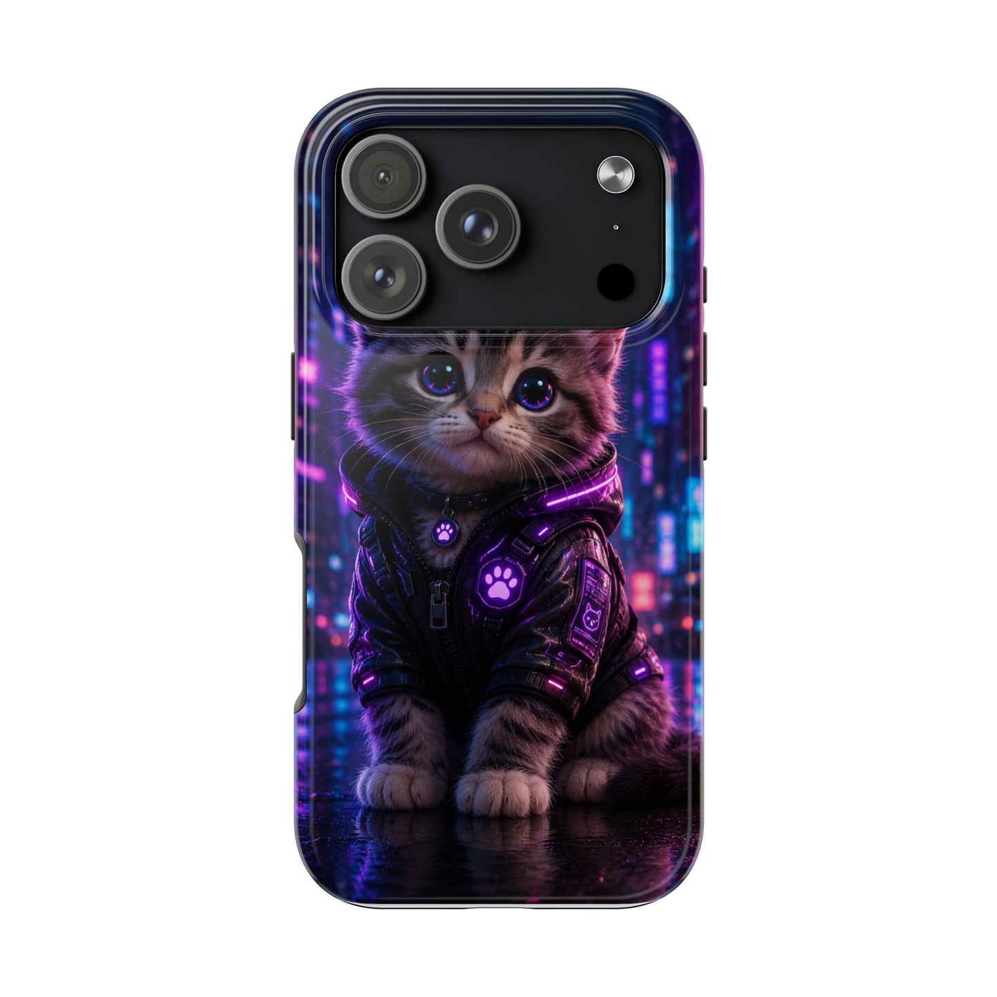Cyberpunk Kitten Tough Phone Case — Neon Cat Protective Phone Cover