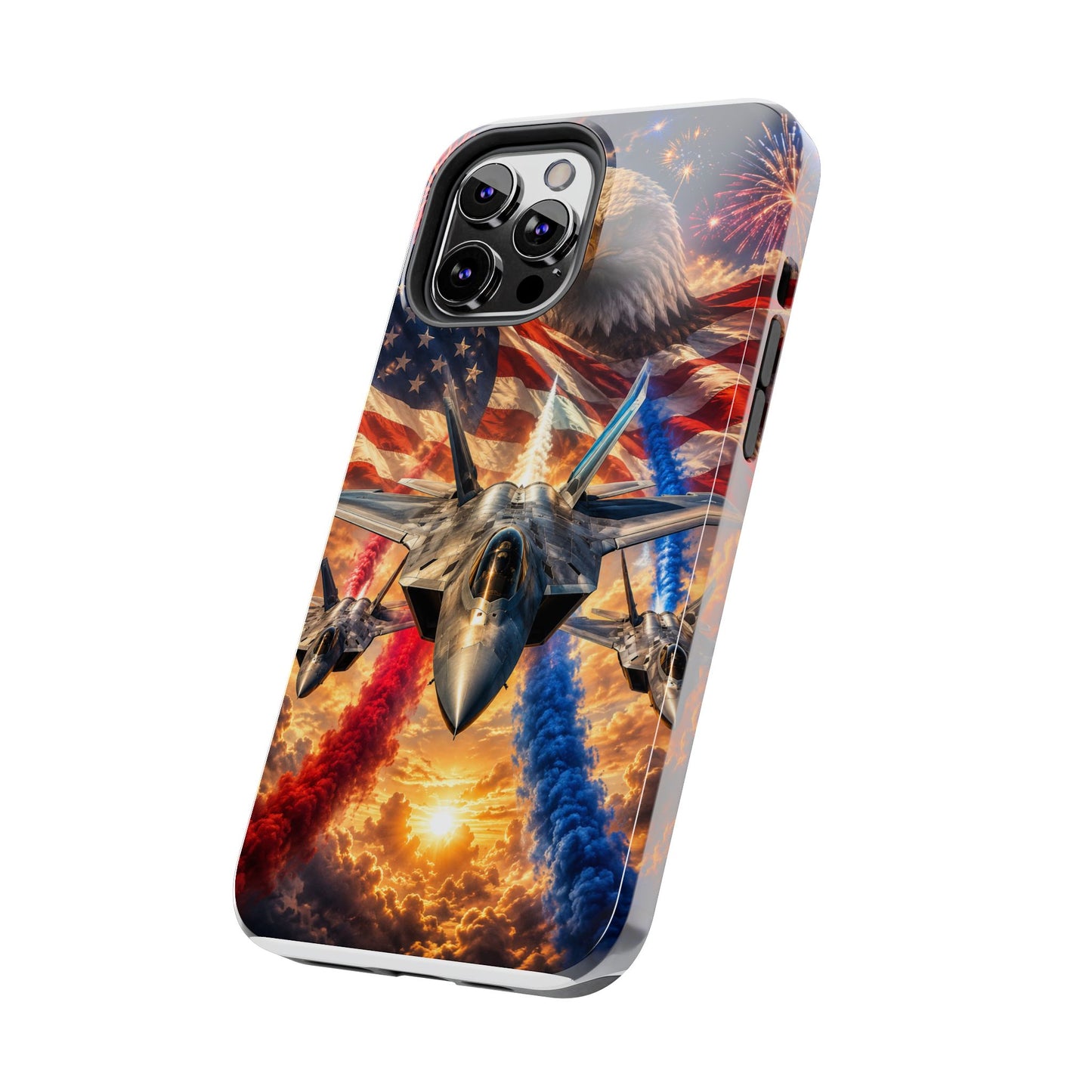 Patriotic Fighter Jet Phone Case with Eagle, American Flag & Fireworks Design