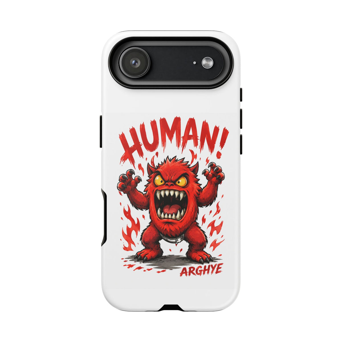Angry Monster "HUMAN!" Phone Case — Cute Fiery Creature iPhone Cover