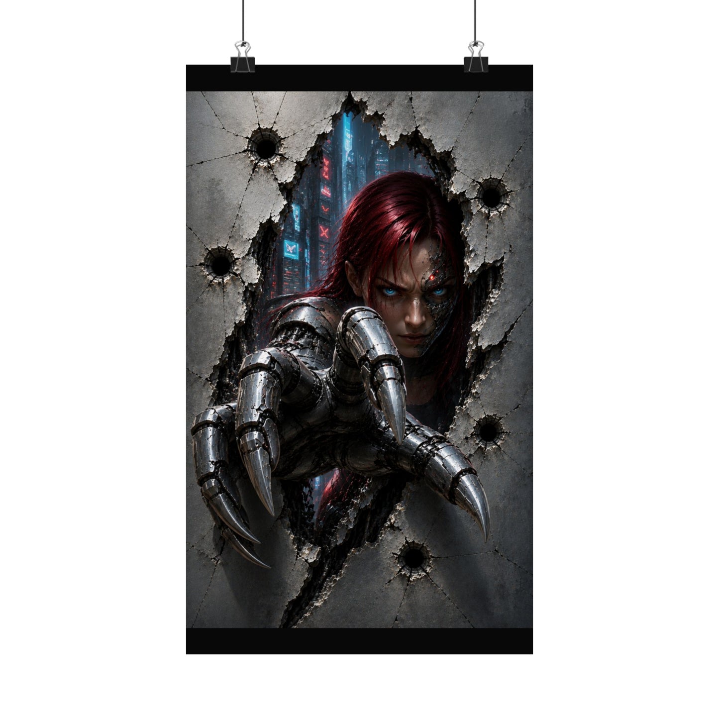 Cyberpunk Assassin Matte Poster — Red-Haired Cyborg Claw Wall Art