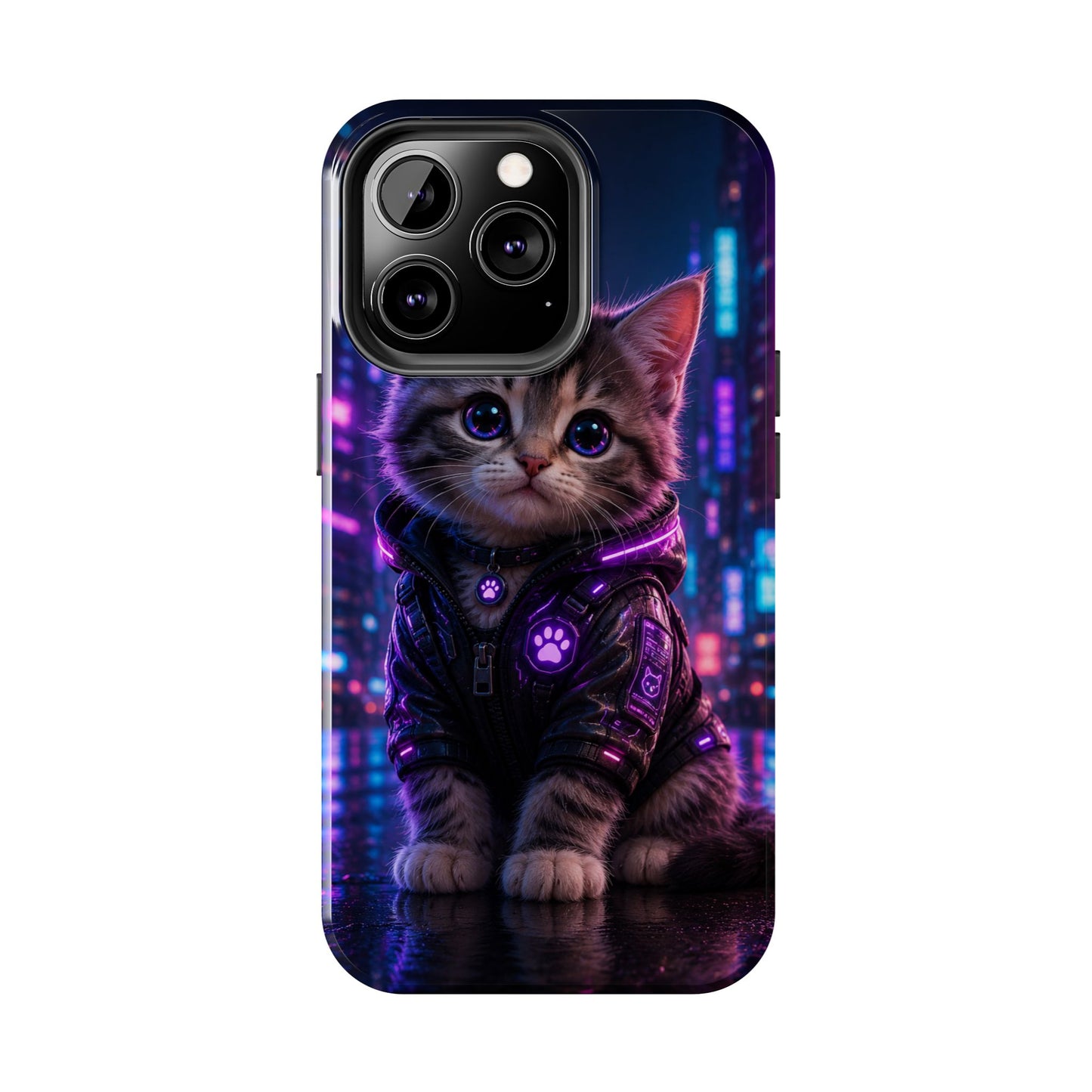 Cyberpunk Kitten Tough Phone Case — Neon Cat Protective Phone Cover
