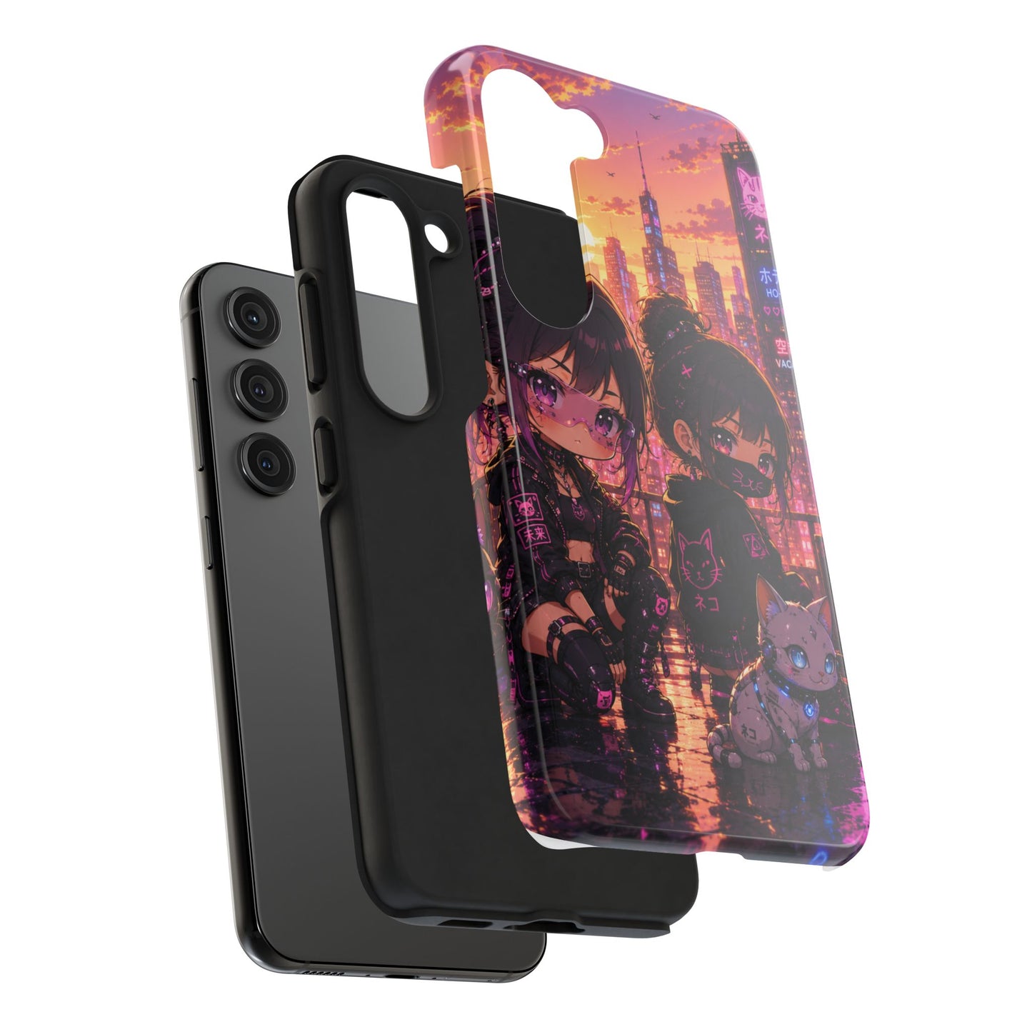 Anime City Night Tough Phone Case — Kawaii Cyberpunk Characters & Cat