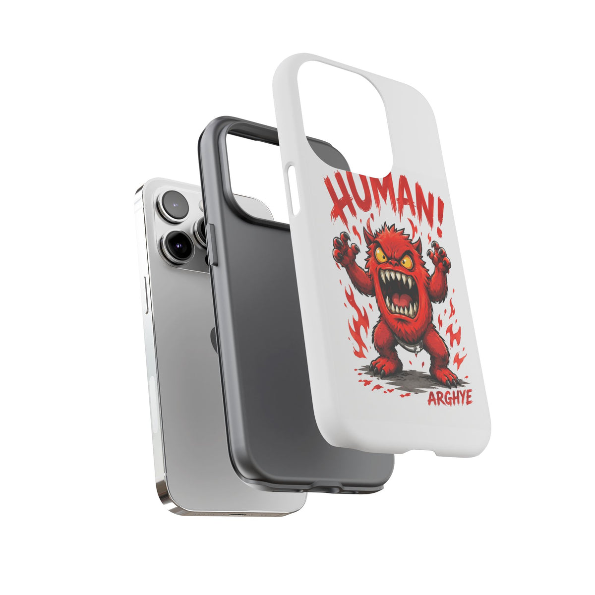 Angry Monster "HUMAN!" Phone Case — Cute Fiery Creature iPhone Cover
