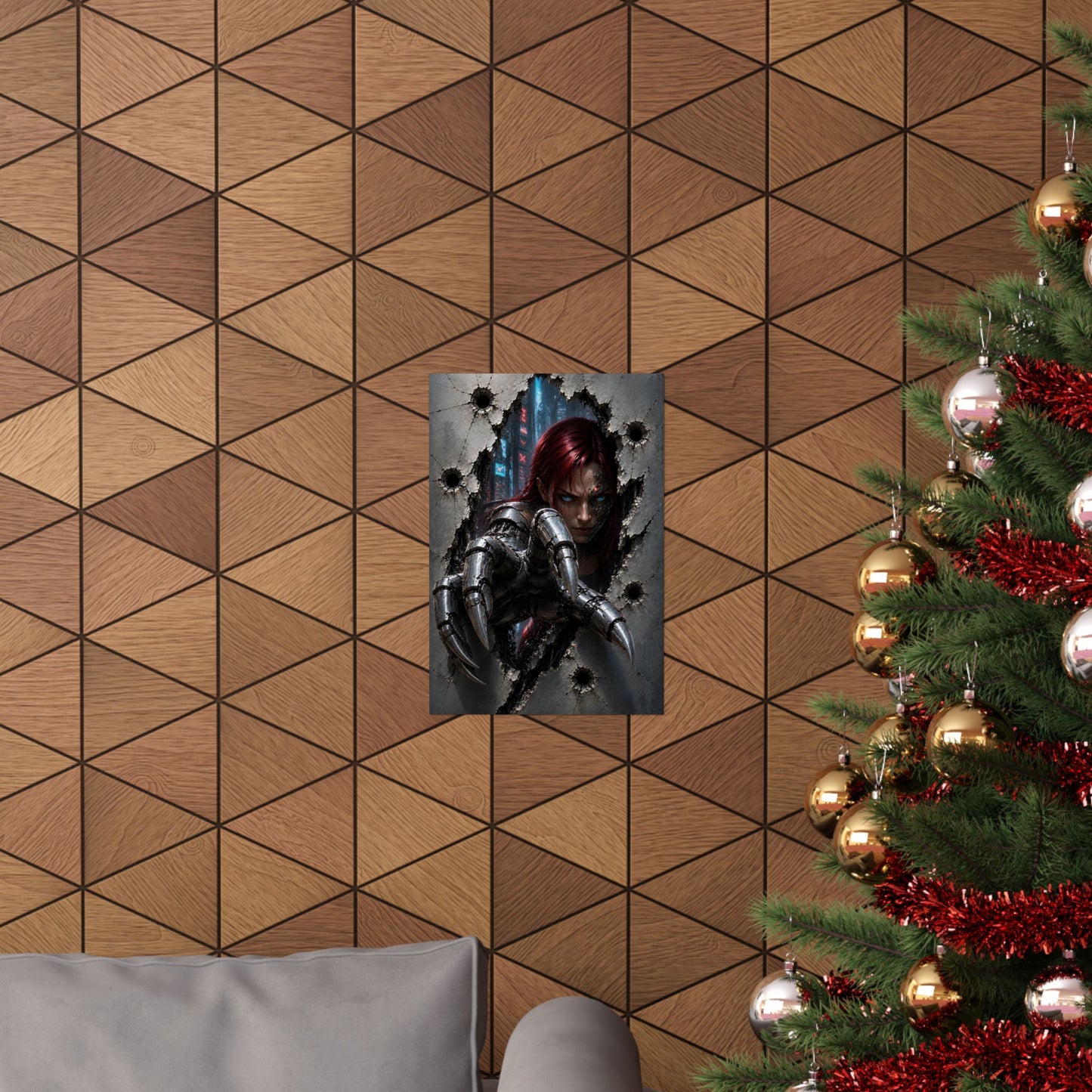 Cyberpunk Assassin Matte Poster — Red-Haired Cyborg Claw Wall Art