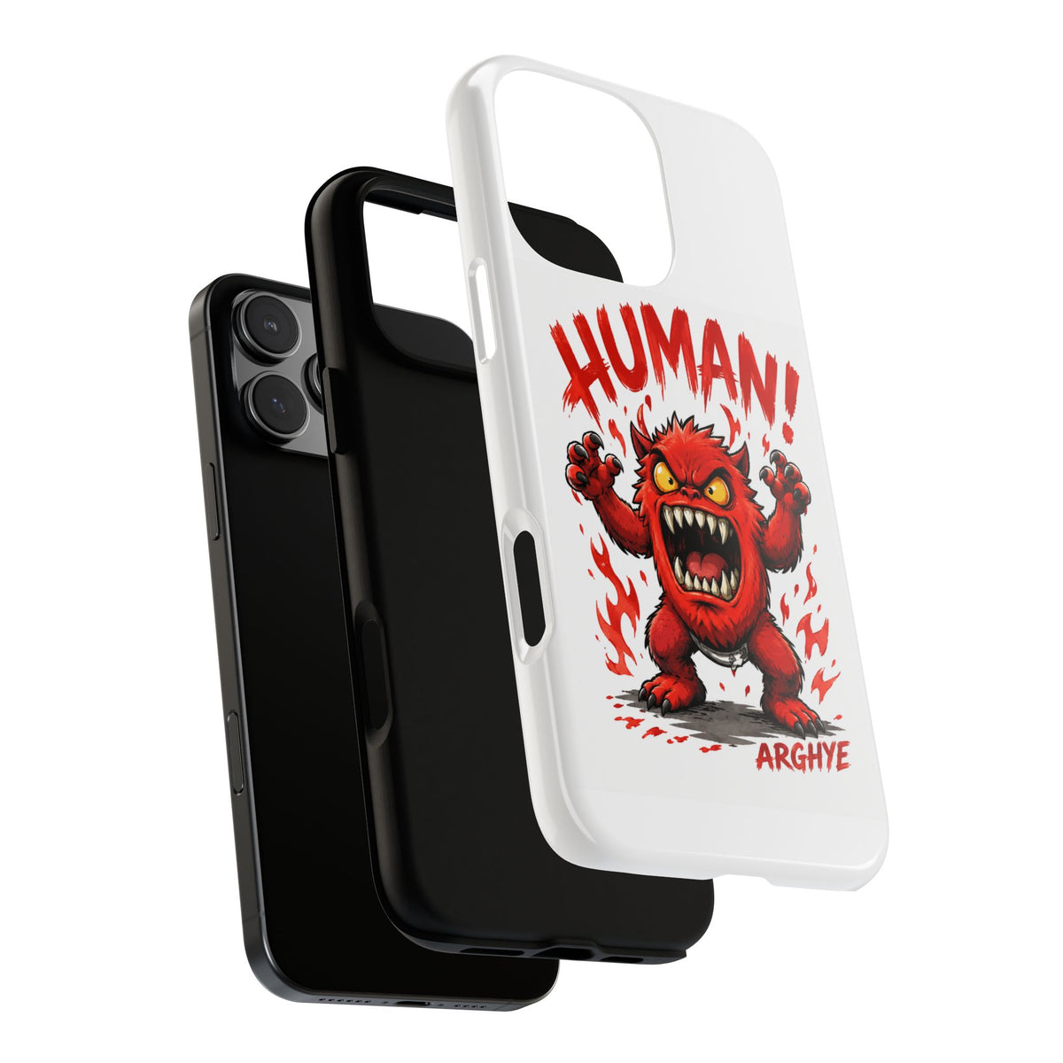 Angry Monster "HUMAN!" Phone Case — Cute Fiery Creature iPhone Cover