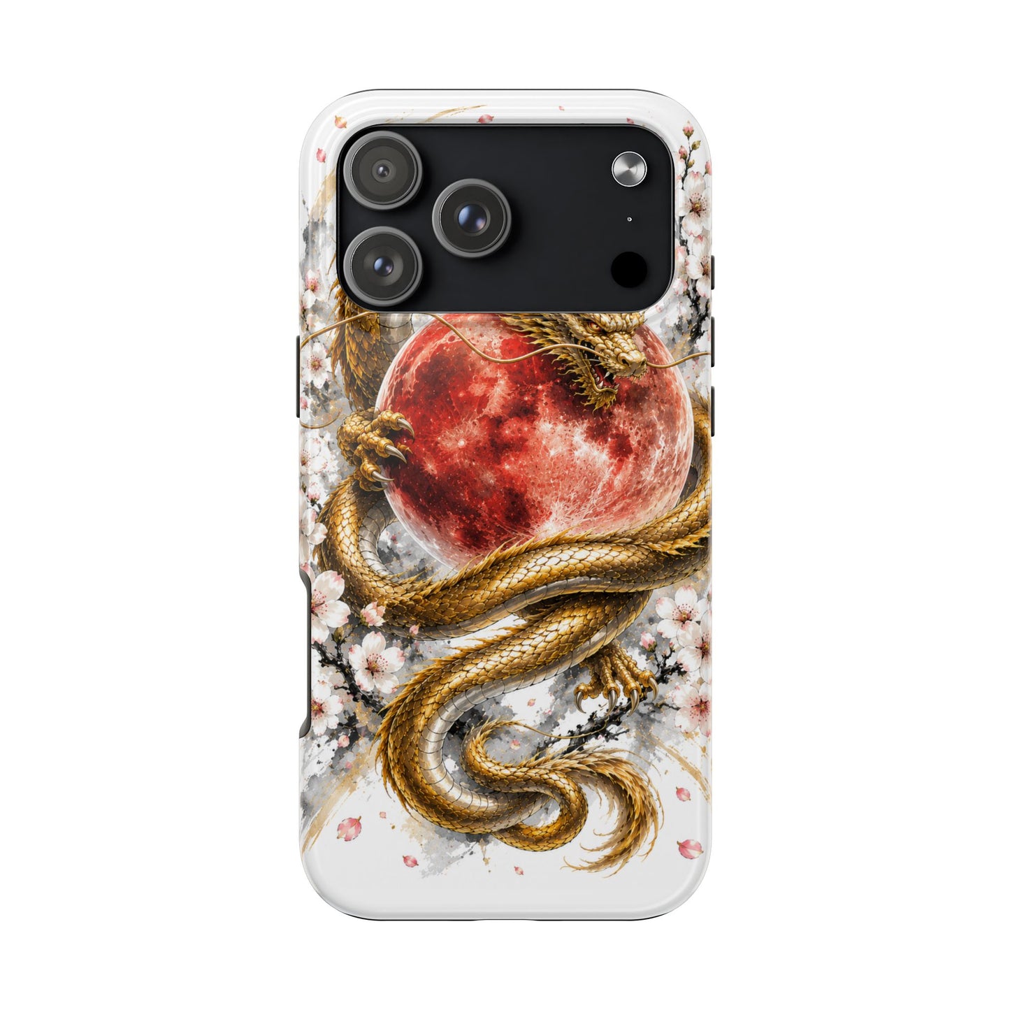 Golden Dragon Phone Case — Red Moon & Cherry Blossom Tough Phone Case