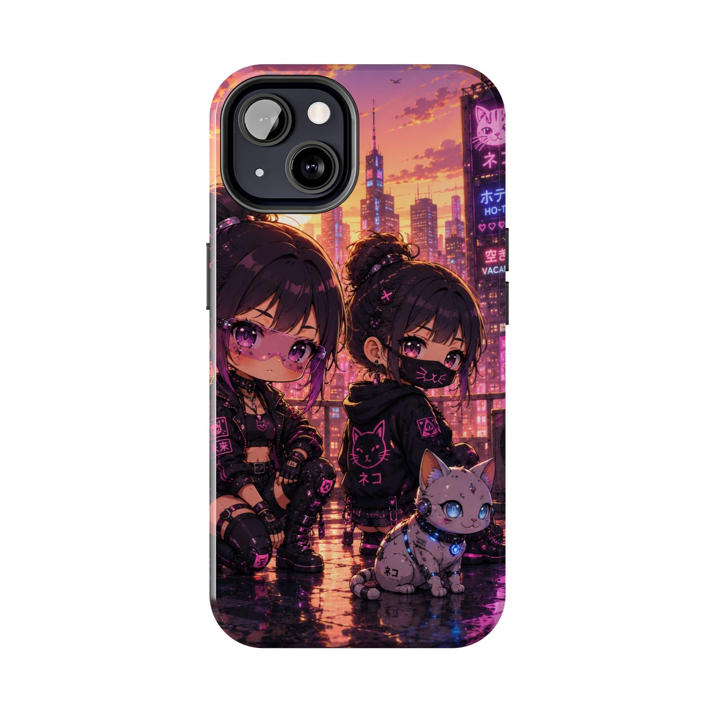 Anime City Night Tough Phone Case — Kawaii Cyberpunk Characters & Cat