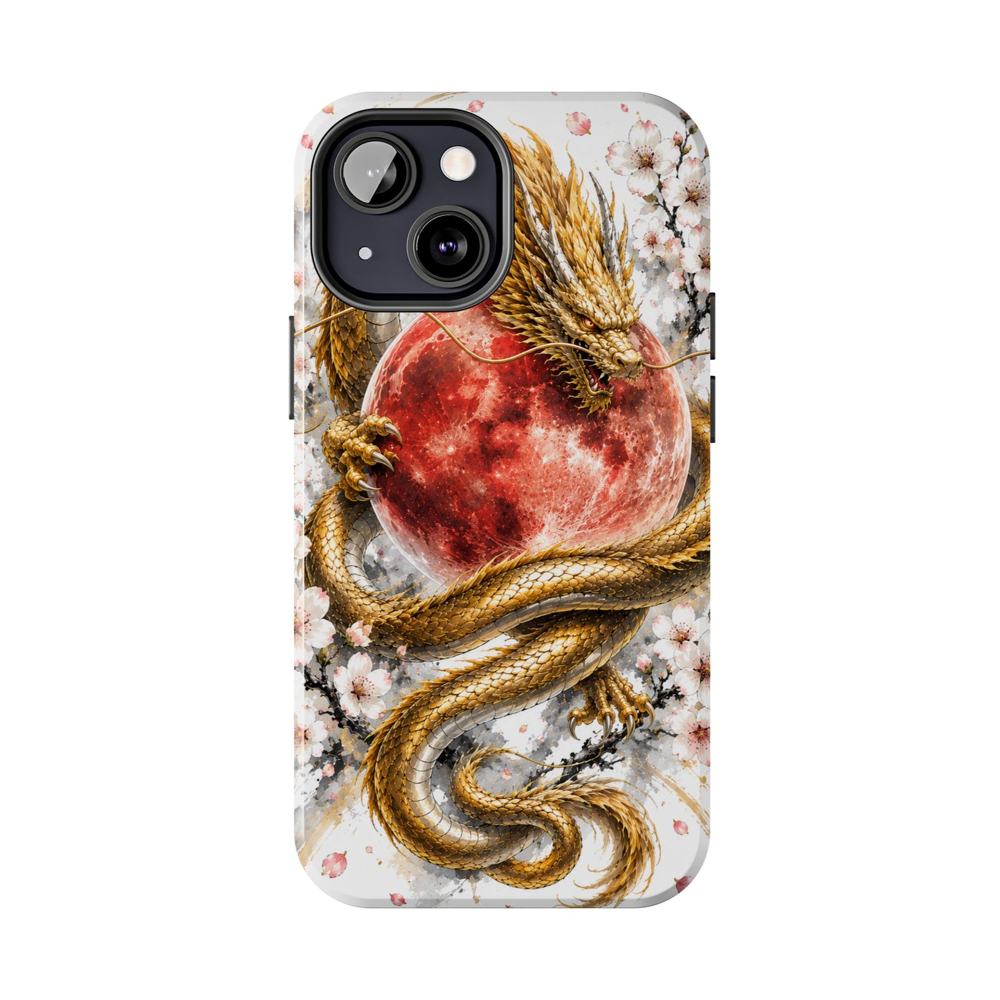 Golden Dragon Phone Case — Red Moon & Cherry Blossom Tough Phone Case
