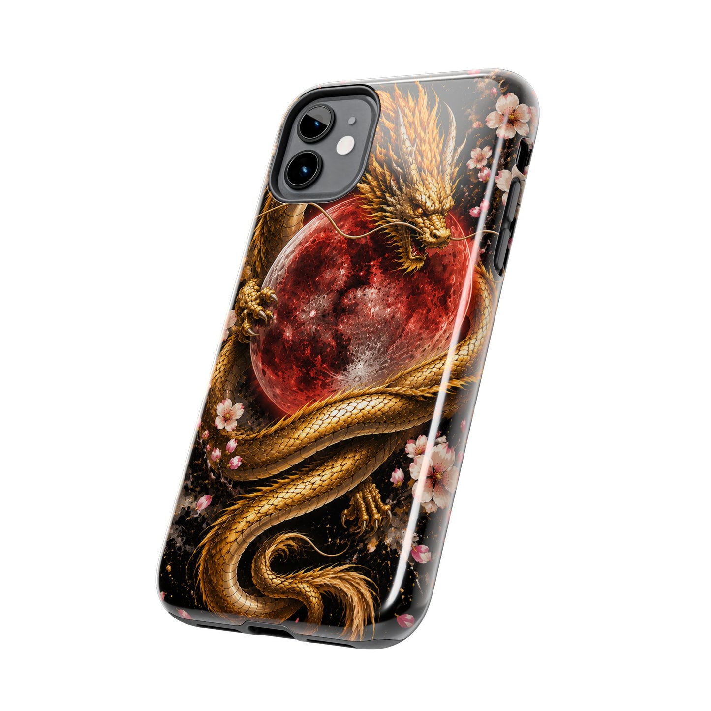 Golden Dragon Moon Tough Phone Case — Cherry Blossoms & Red Moon Protective Cover