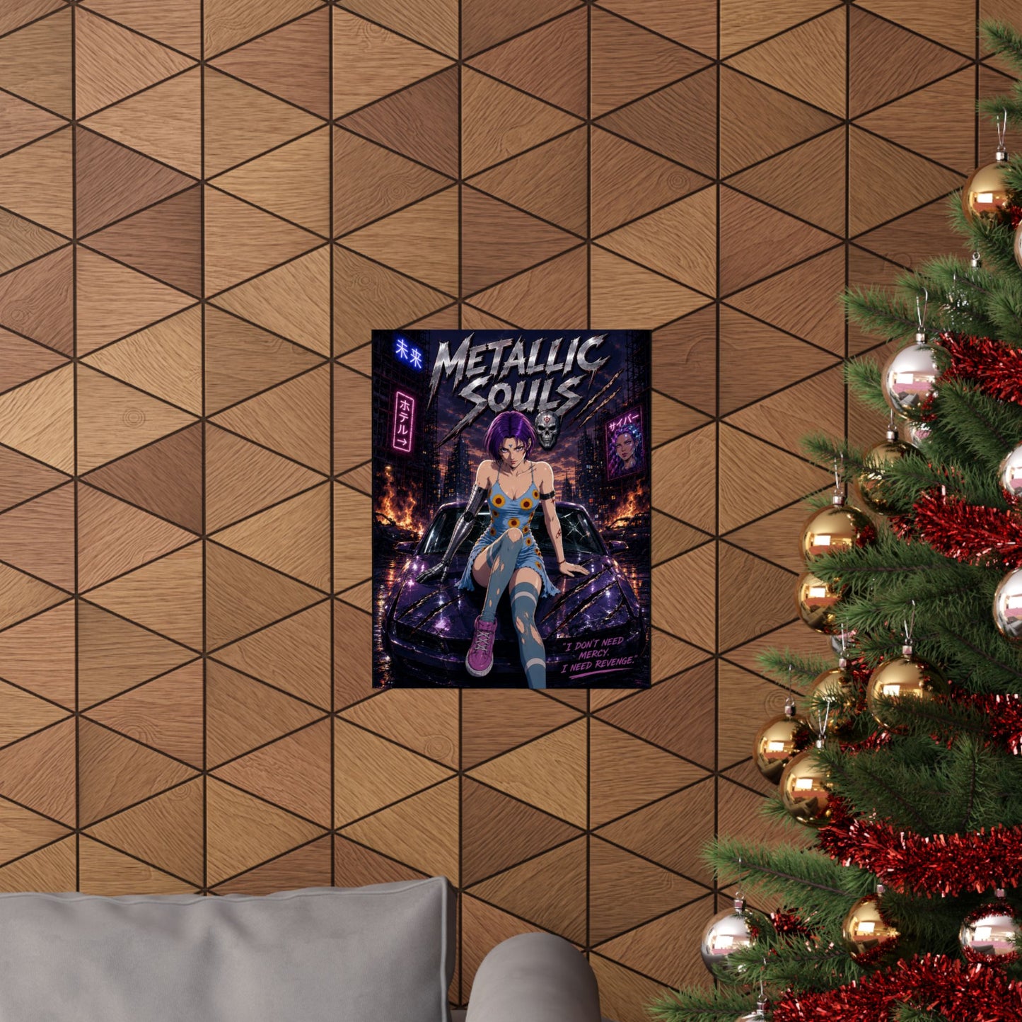 Metallic Souls Anime Poster — Cyberpunk Car Girl Matte Vertical Print