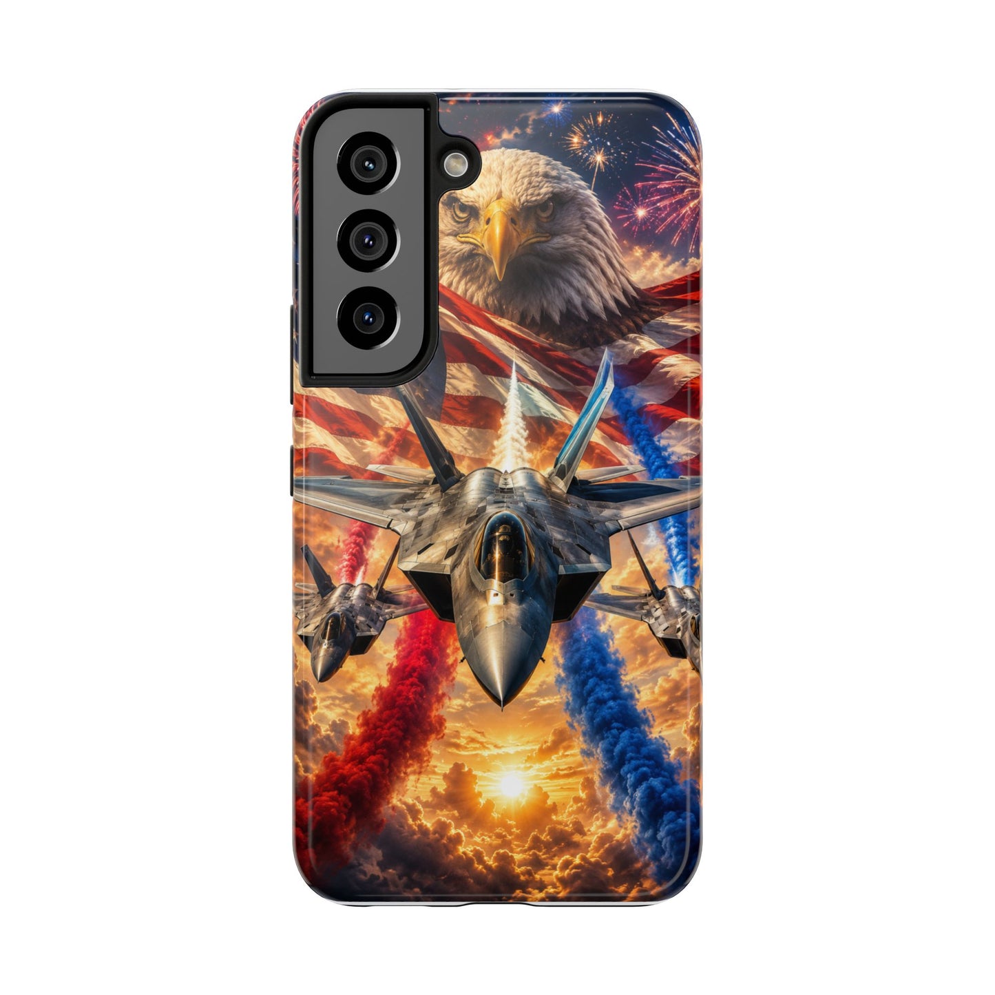 Patriotic Fighter Jet Phone Case with Eagle, American Flag & Fireworks Design