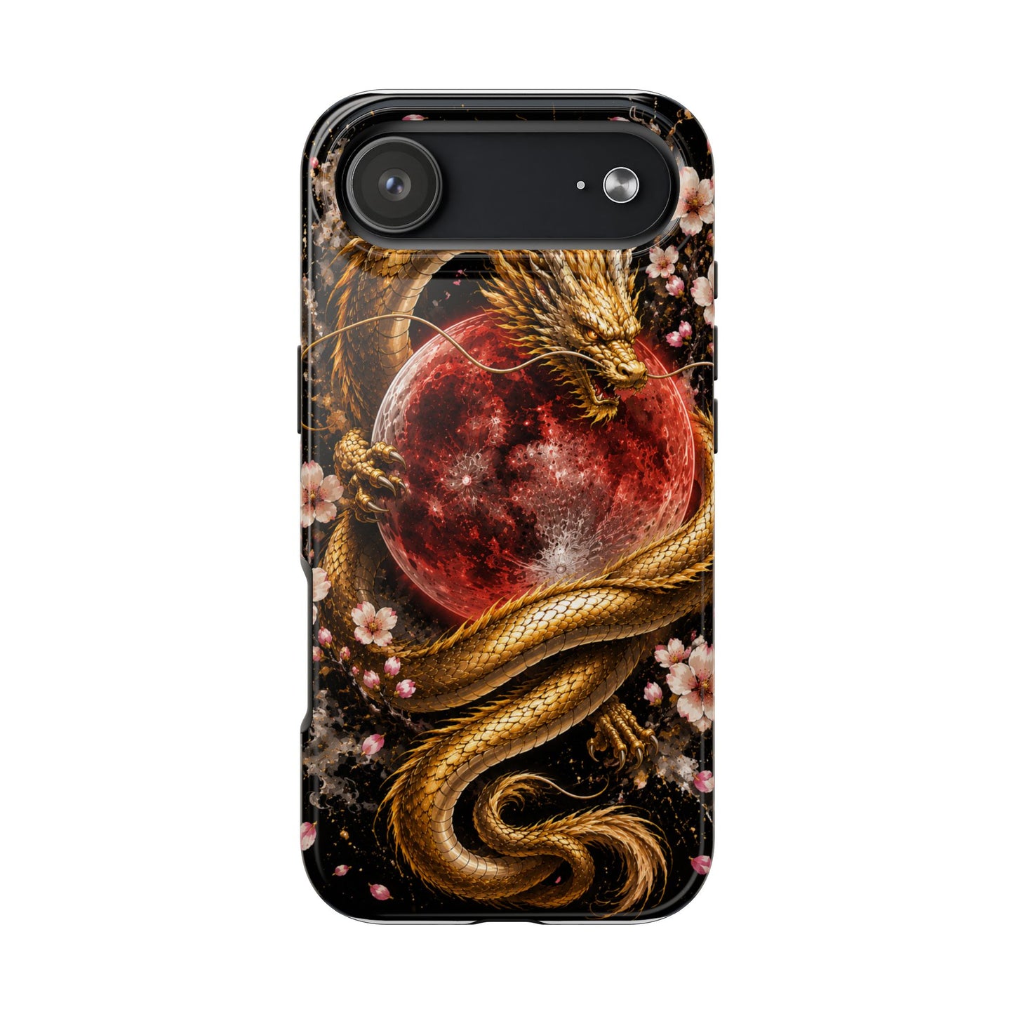 Golden Dragon Moon Tough Phone Case — Cherry Blossoms & Red Moon Protective Cover