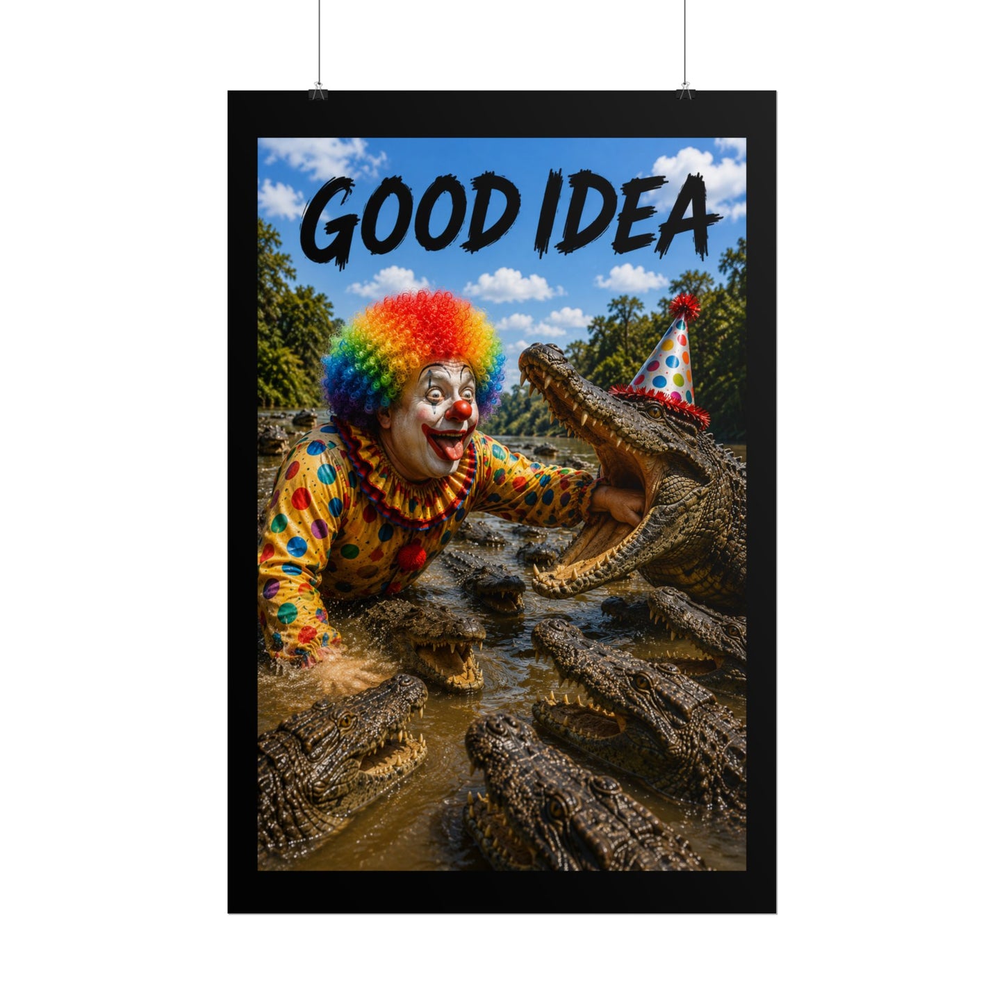 Clown & Crocodile 'Good Idea' Poster - Funny Surreal Wall Art