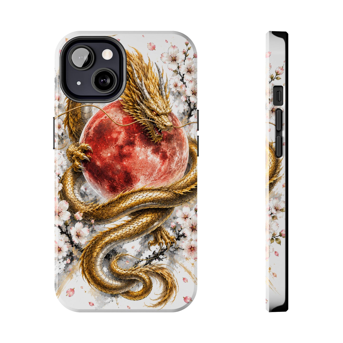 Golden Dragon Phone Case — Red Moon & Cherry Blossom Tough Phone Case