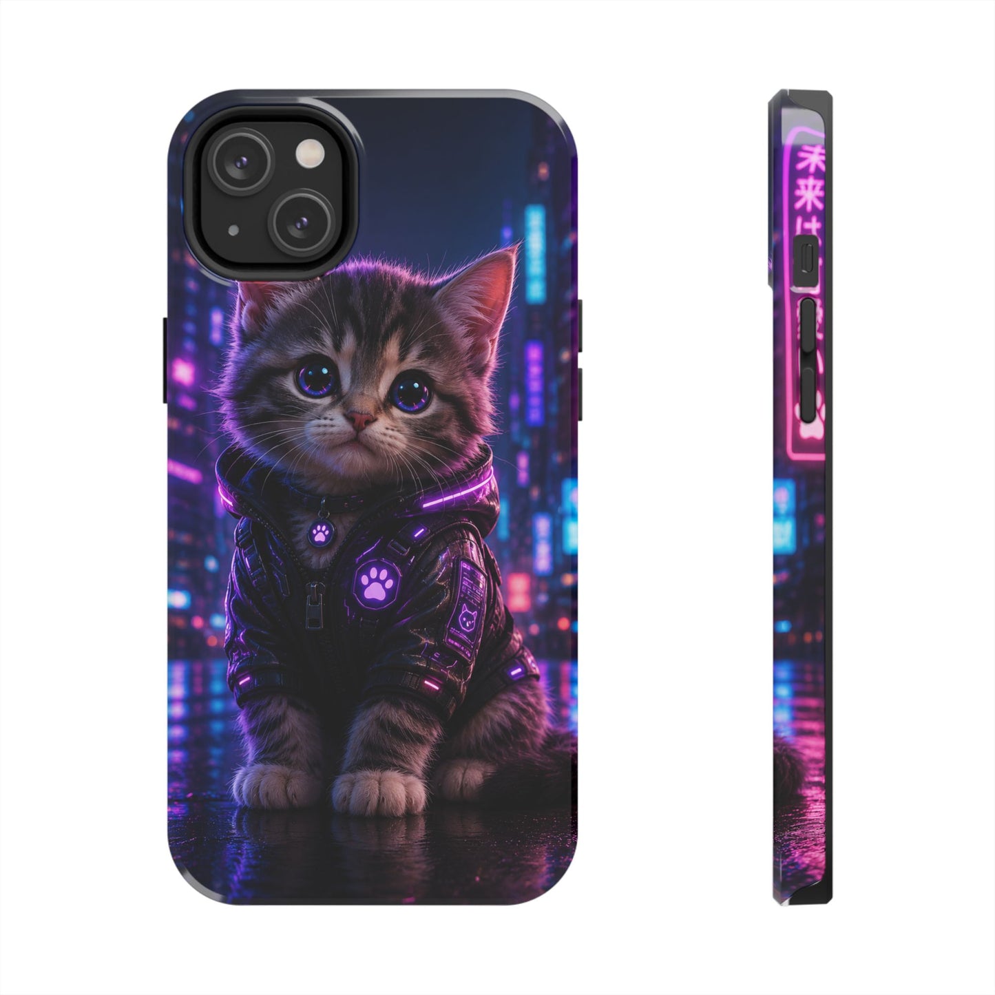 Cyberpunk Kitten Tough Phone Case — Neon Cat Protective Phone Cover