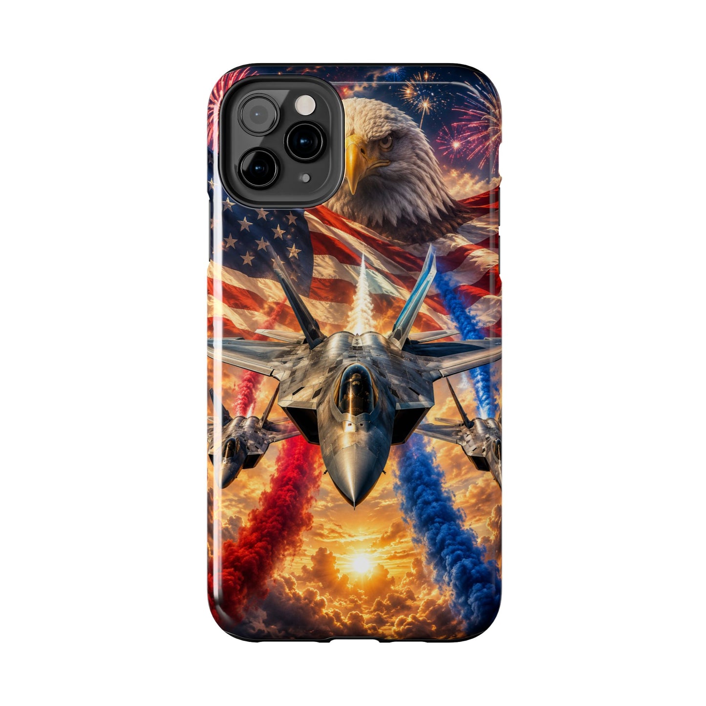 Patriotic Fighter Jet Phone Case with Eagle, American Flag & Fireworks Design