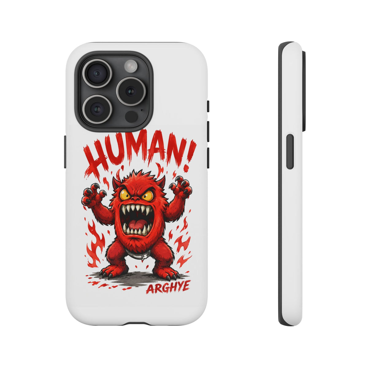 Angry Monster "HUMAN!" Phone Case — Cute Fiery Creature iPhone Cover