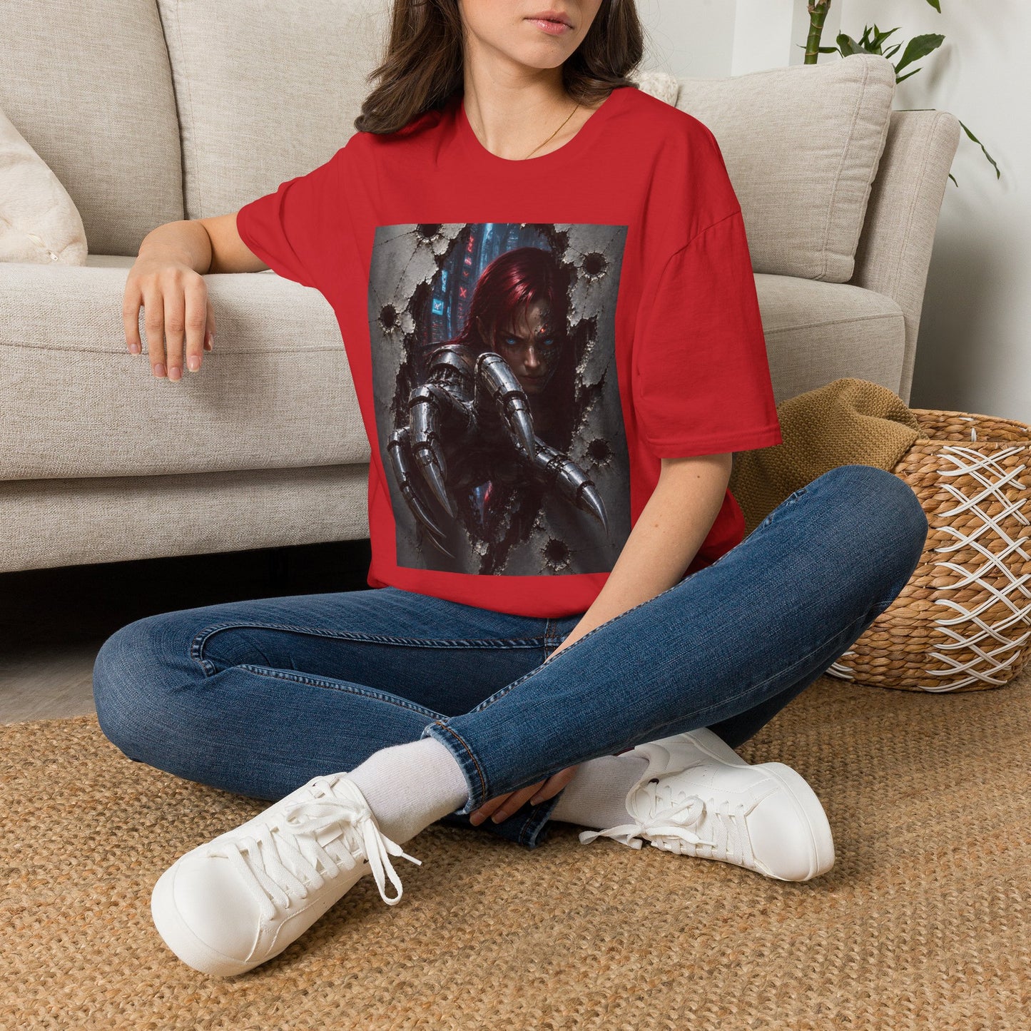 Cyberpunk Warrior Graphic T-Shirt — Red-Haired Brawler Design