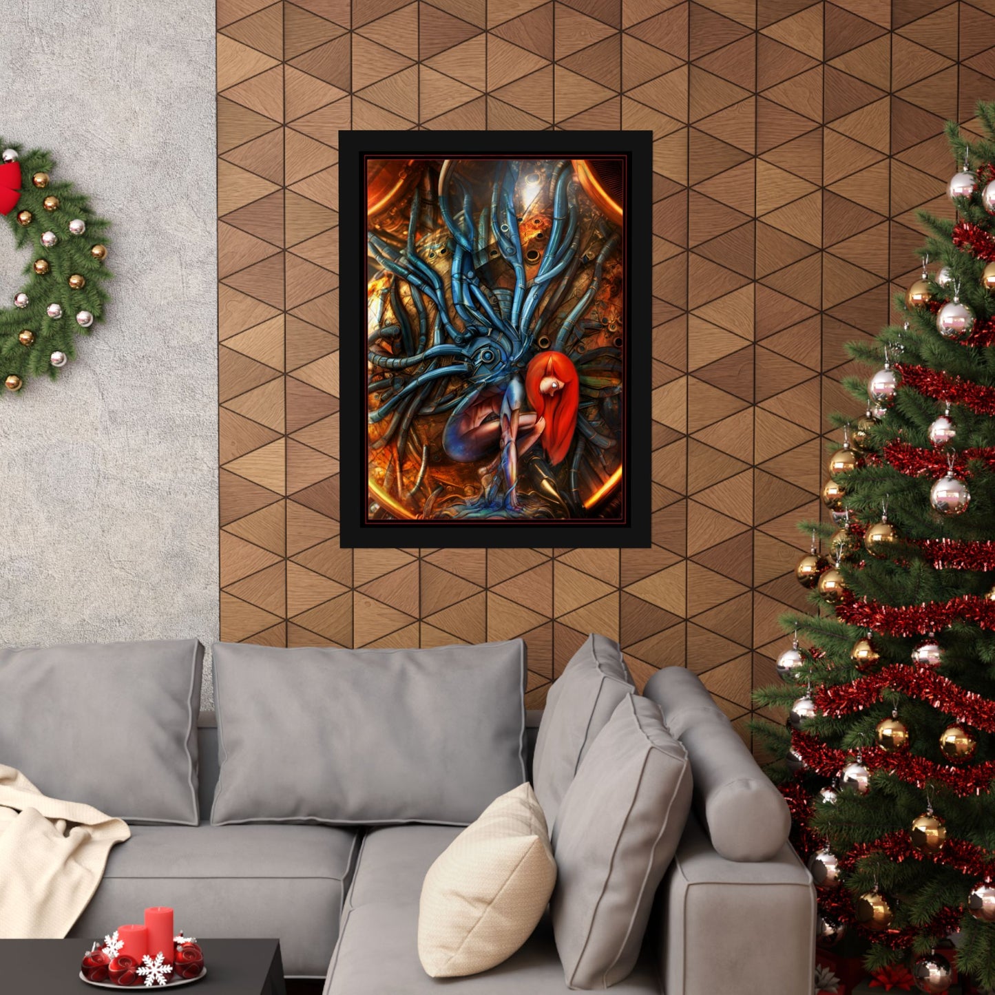 Sci‑Fi Surreal Poster — Red‑Haired Cyborg & Mechanical Kraken Matte Vertical Art