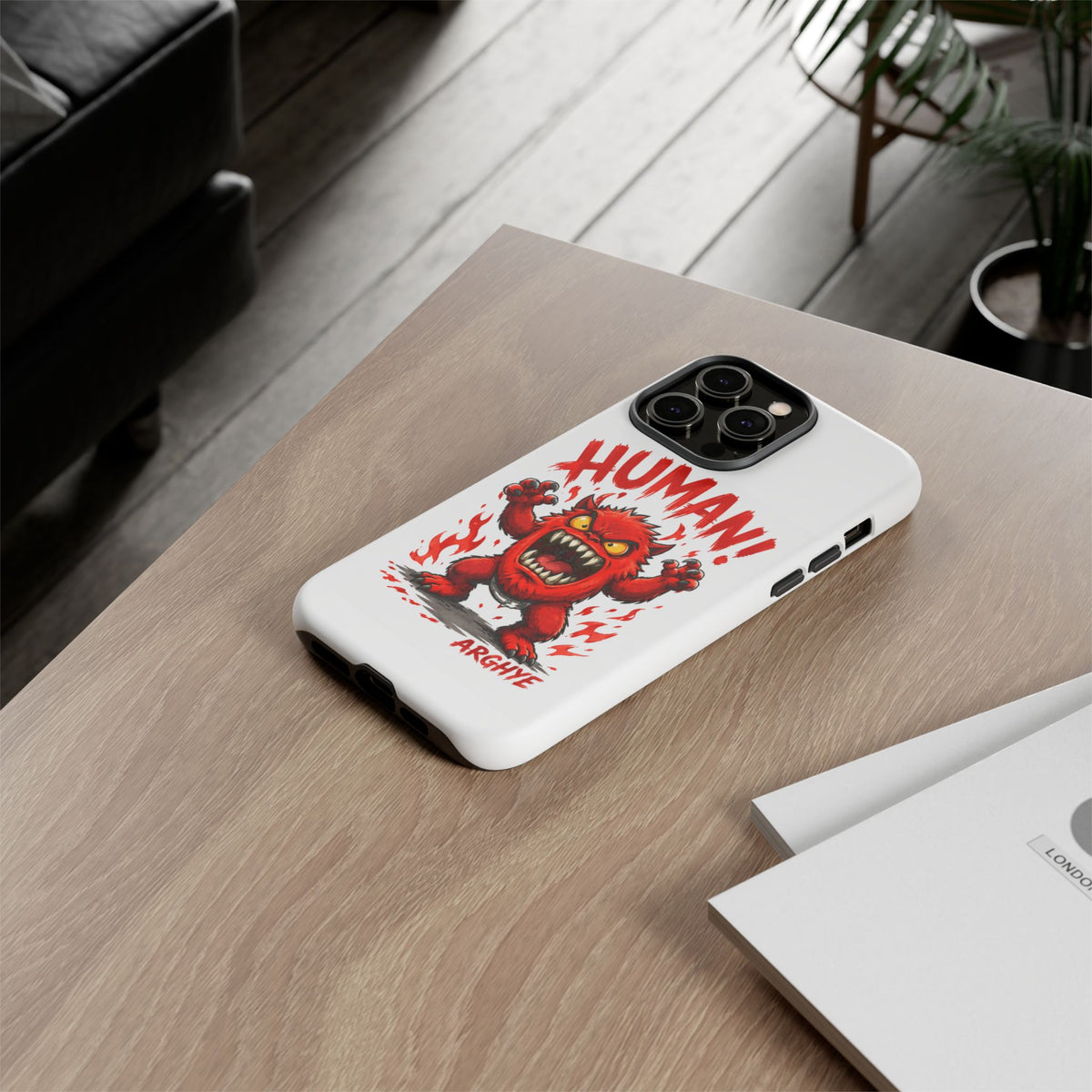 Angry Monster "HUMAN!" Phone Case — Cute Fiery Creature iPhone Cover