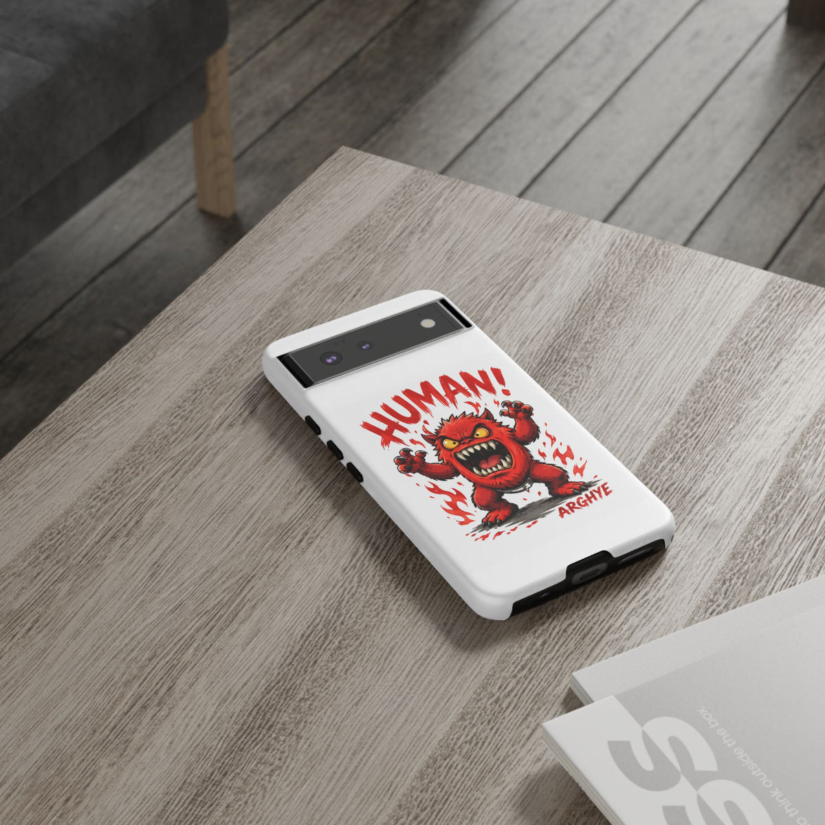 Angry Monster "HUMAN!" Phone Case — Cute Fiery Creature iPhone Cover