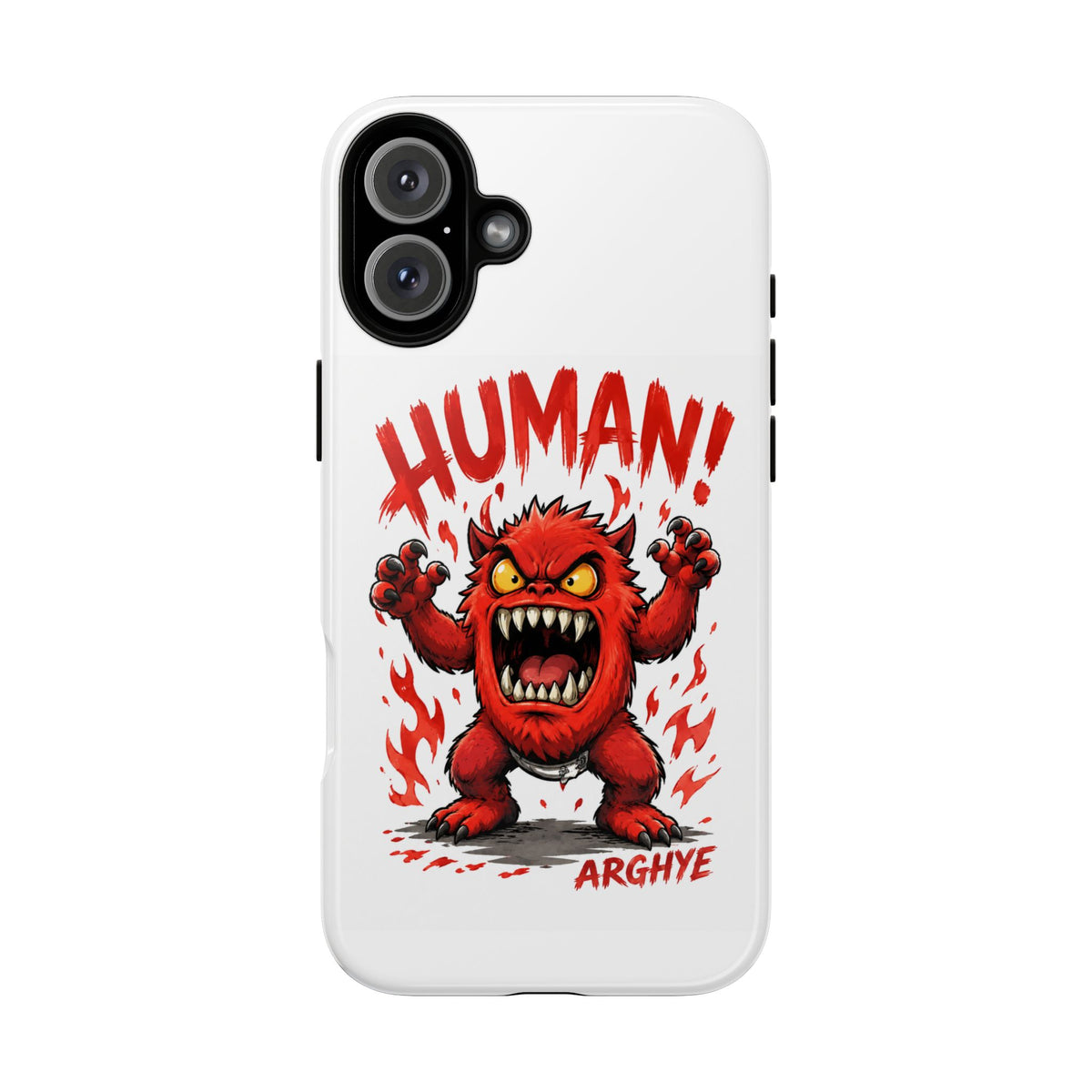 Angry Monster "HUMAN!" Phone Case — Cute Fiery Creature iPhone Cover