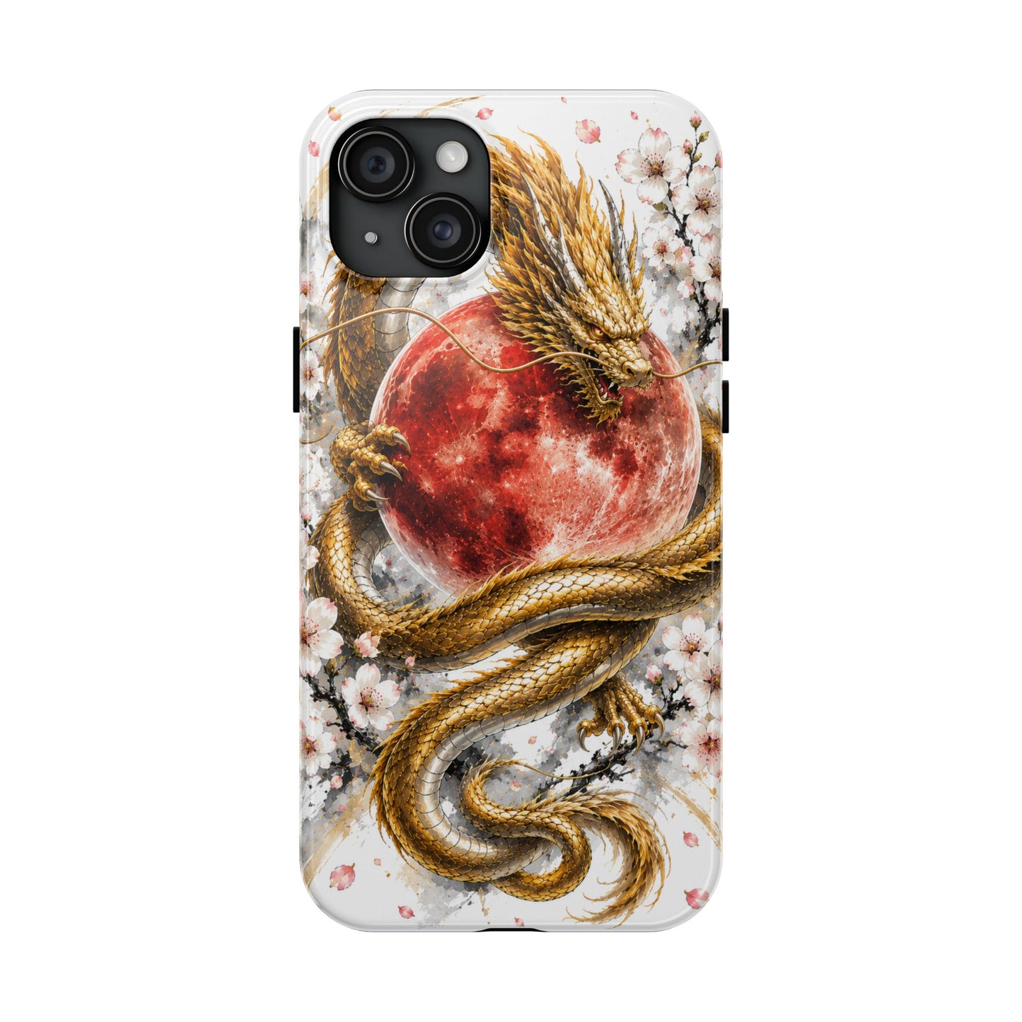 Golden Dragon Phone Case — Red Moon & Cherry Blossom Tough Phone Case