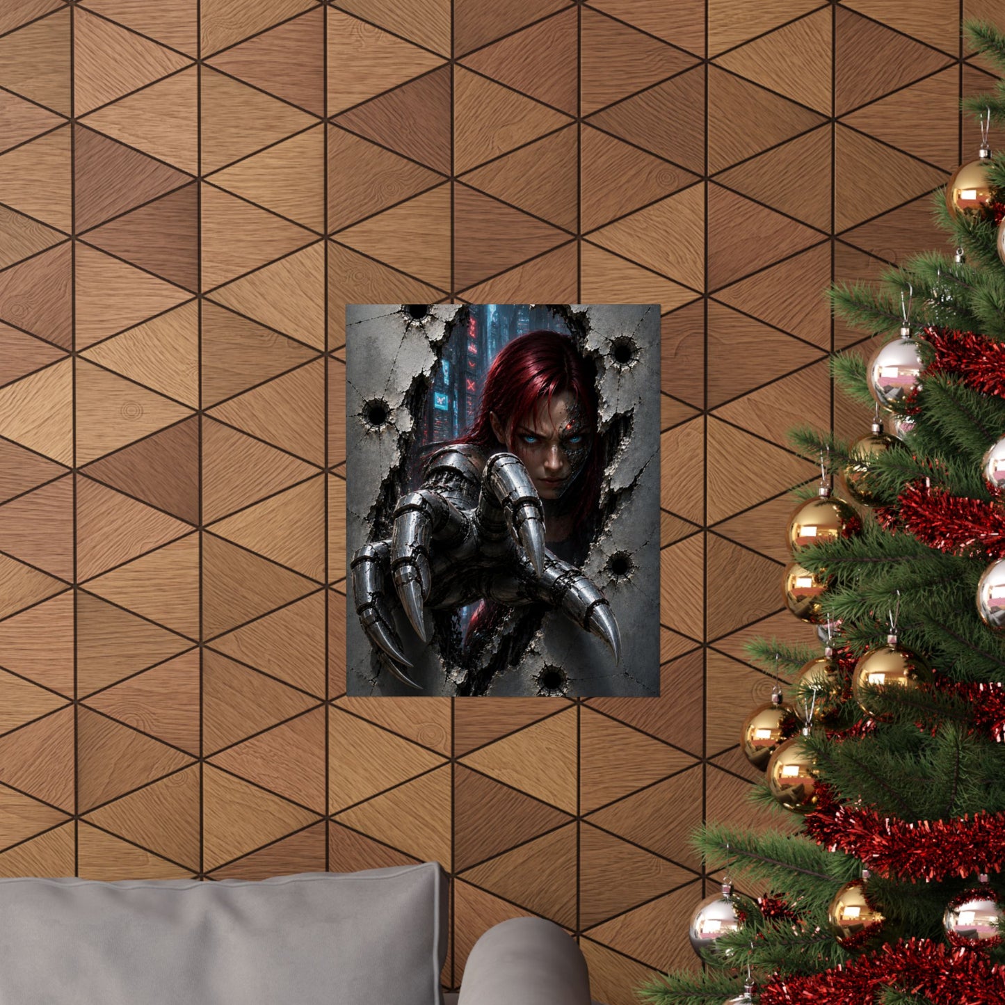 Cyberpunk Assassin Matte Poster — Red-Haired Cyborg Claw Wall Art