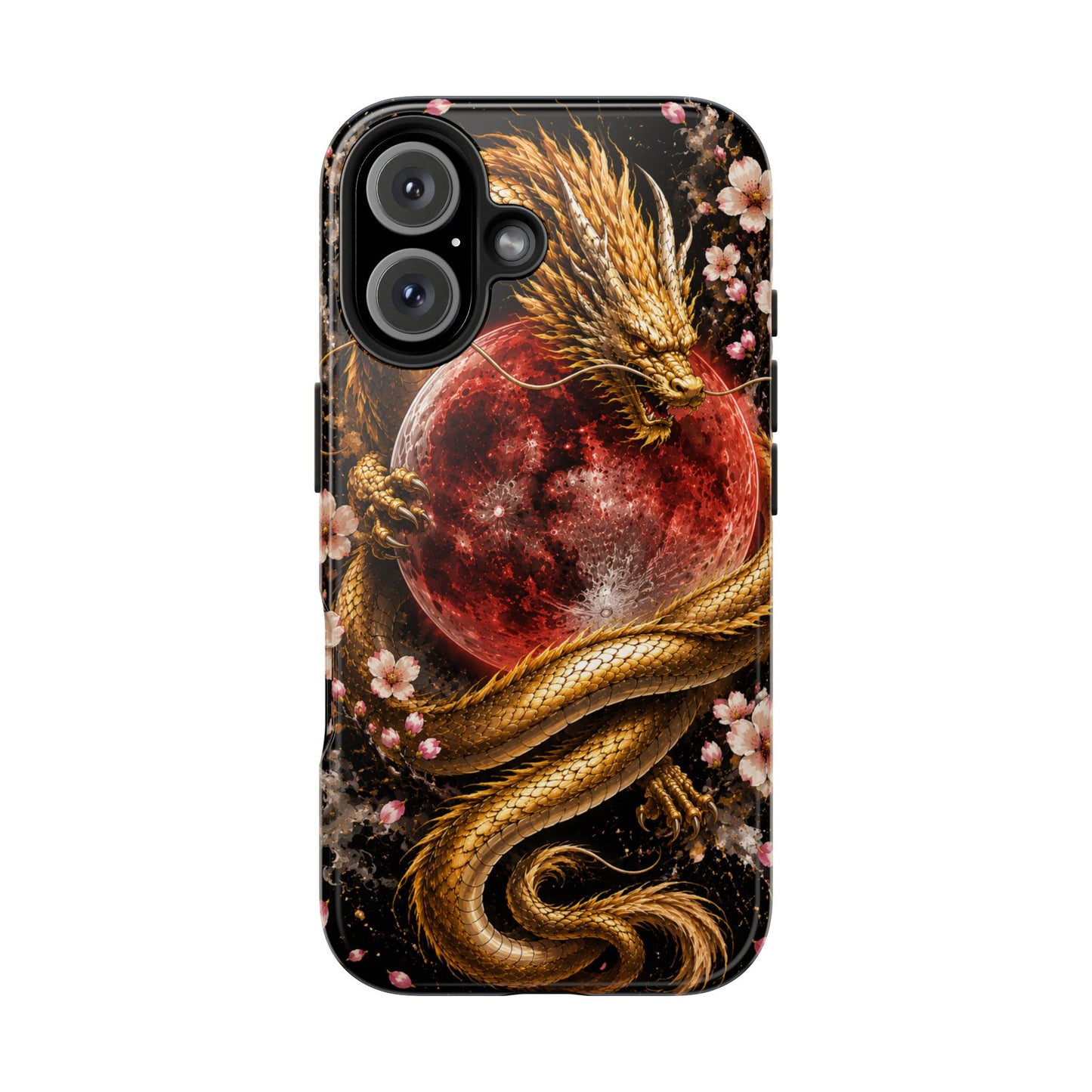 Golden Dragon Moon Tough Phone Case — Cherry Blossoms & Red Moon Protective Cover