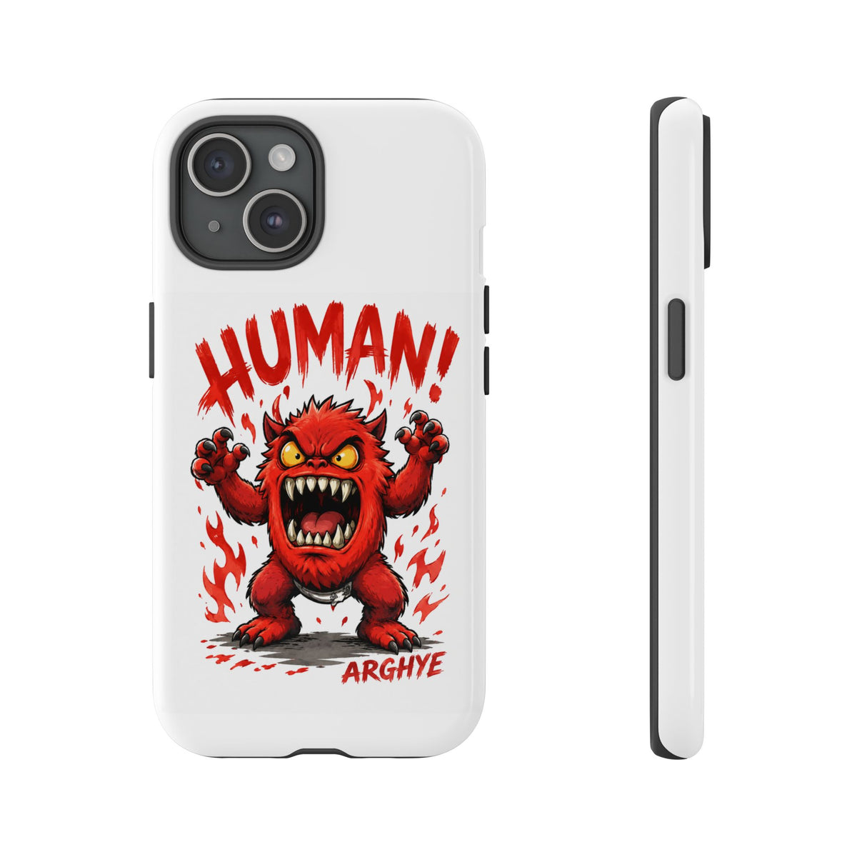 Angry Monster "HUMAN!" Phone Case — Cute Fiery Creature iPhone Cover
