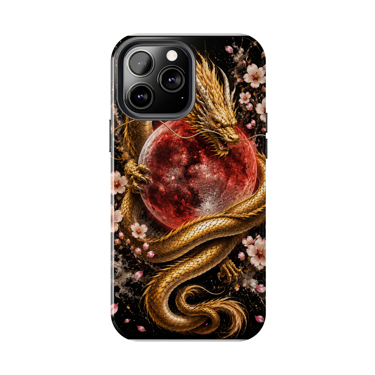 Golden Dragon Moon Tough Phone Case — Cherry Blossoms & Red Moon Protective Cover