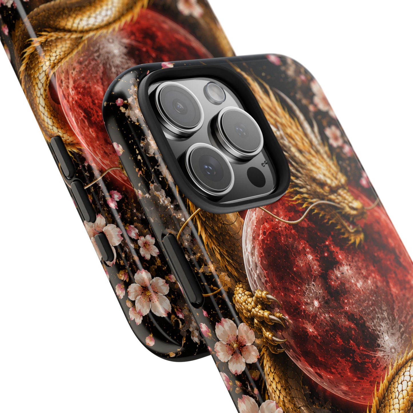 Golden Dragon Moon Tough Phone Case — Cherry Blossoms & Red Moon Protective Cover