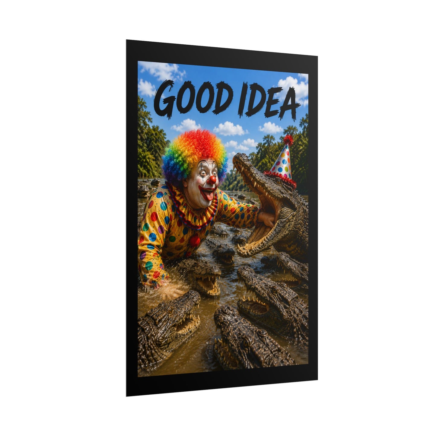 Clown & Crocodile 'Good Idea' Poster - Funny Surreal Wall Art