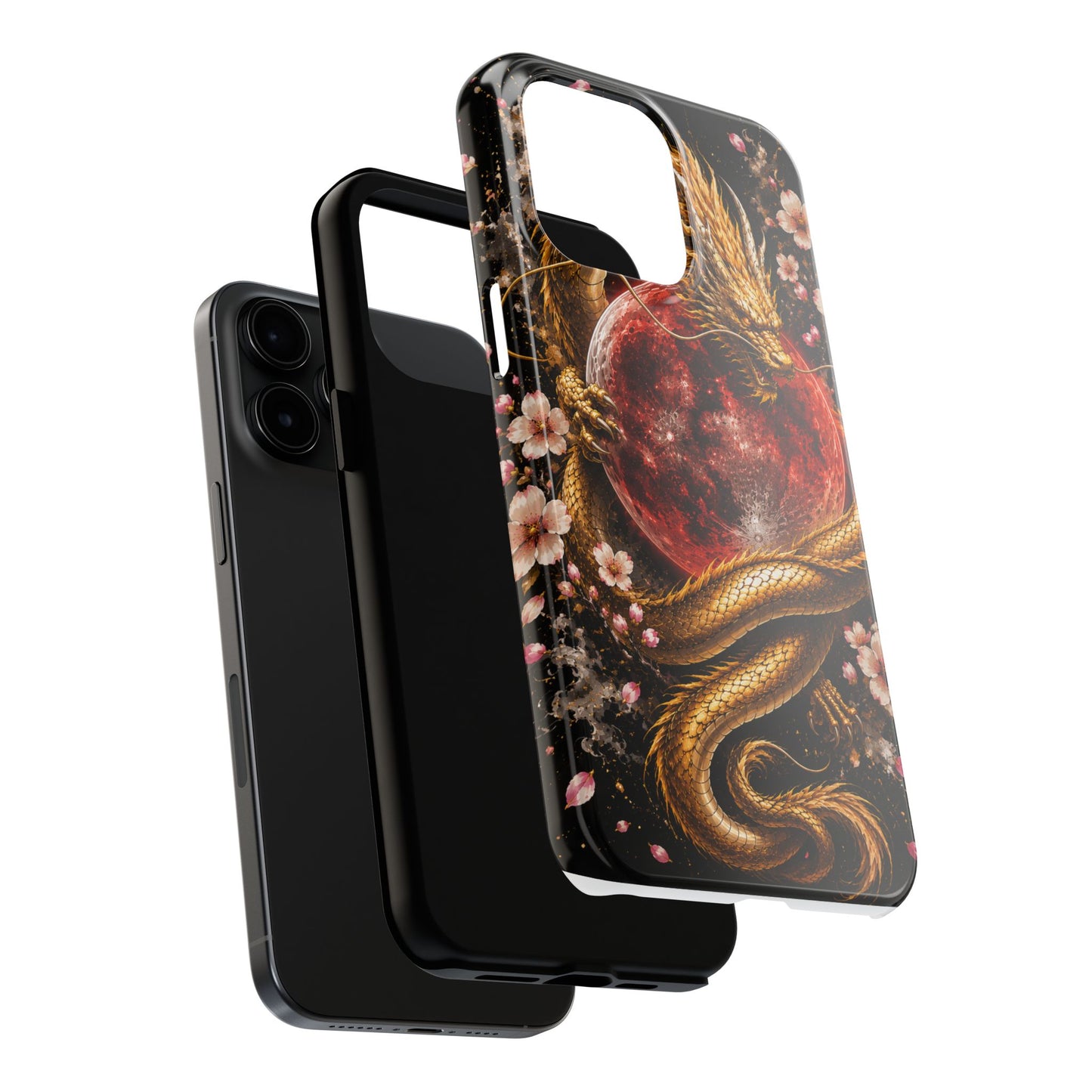 Golden Dragon Moon Tough Phone Case — Cherry Blossoms & Red Moon Protective Cover