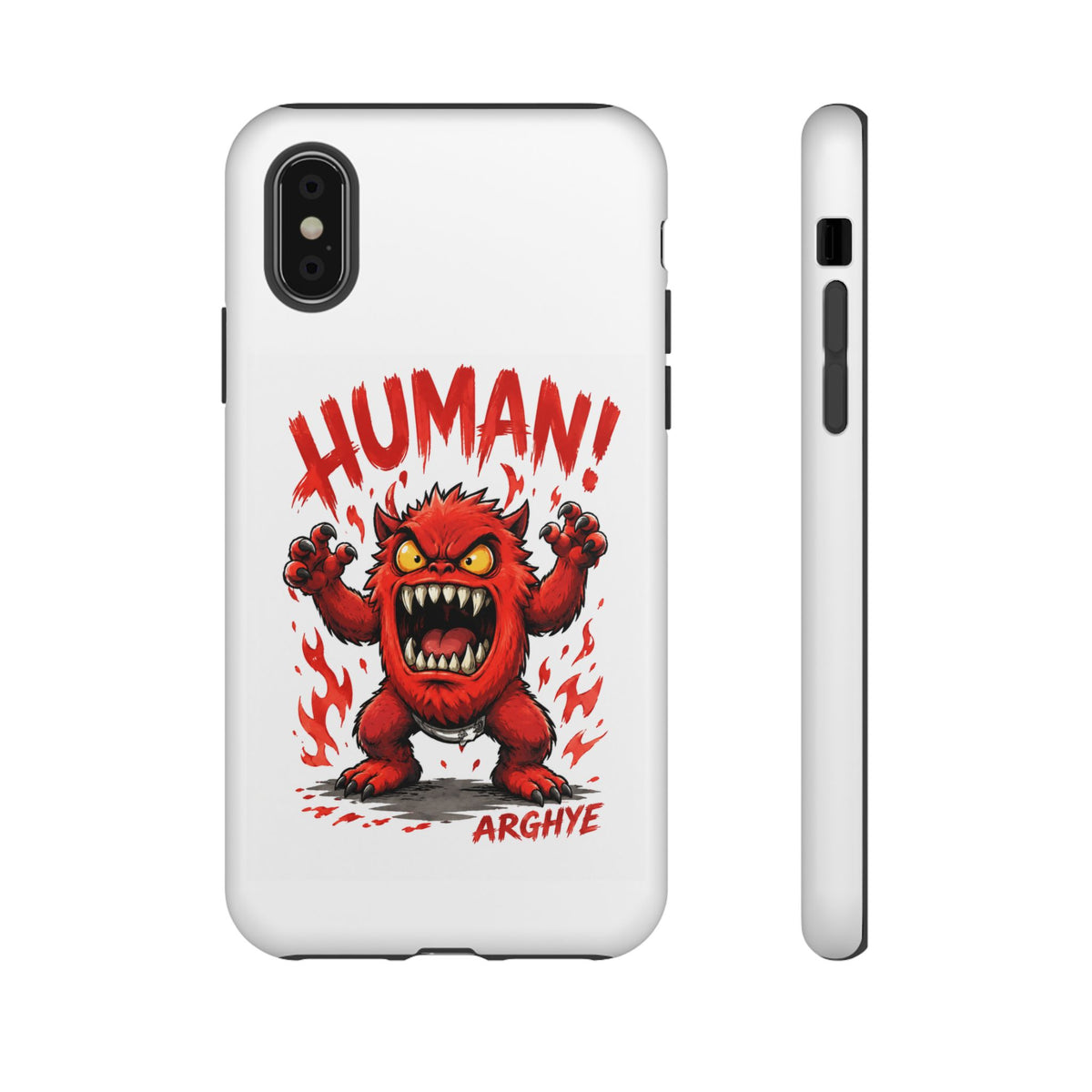 Angry Monster "HUMAN!" Phone Case — Cute Fiery Creature iPhone Cover
